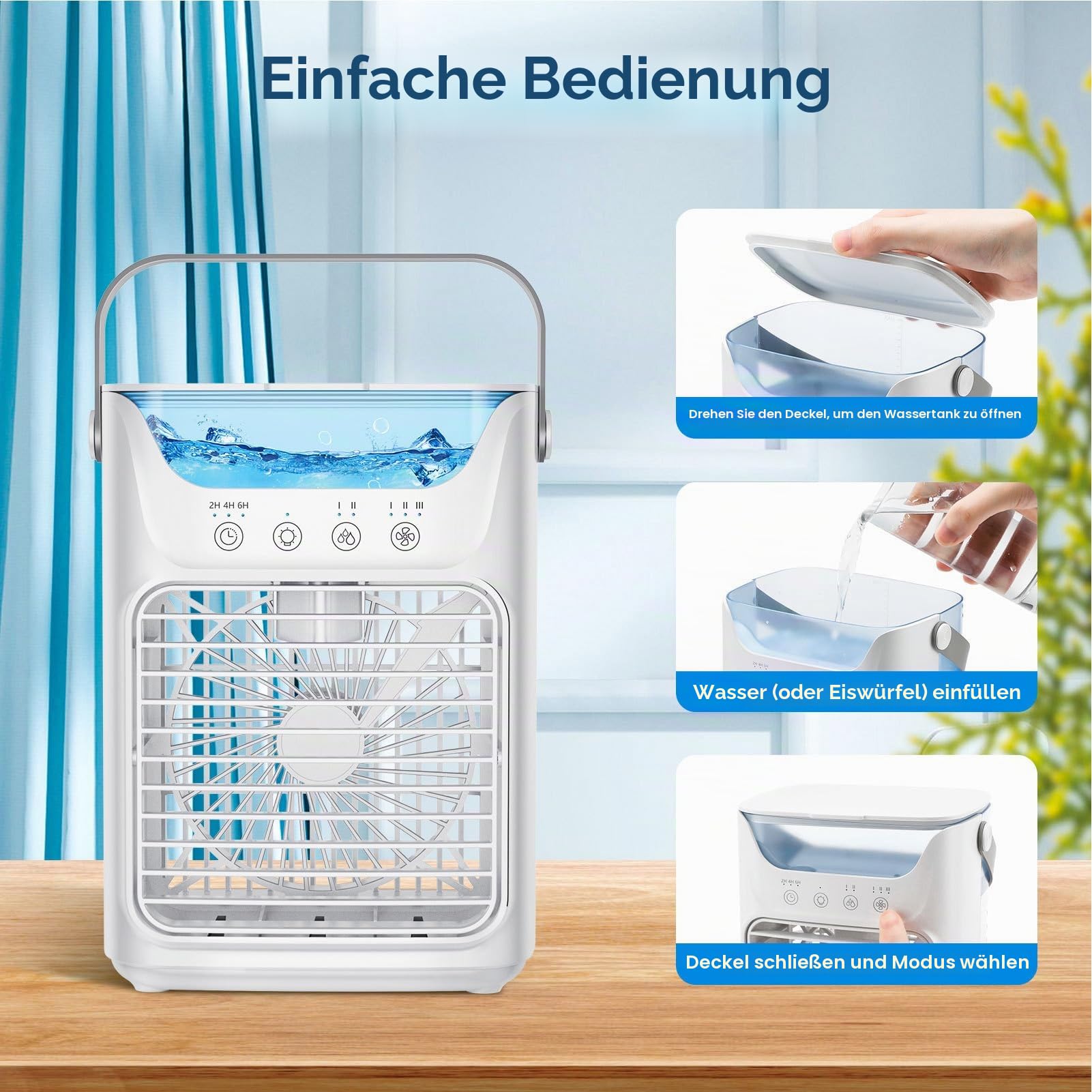 Tragbarer Klimaanlagenventilator, Mini-Luftkühlung Ventilator Luftbefeuchter mit Nachtlicht, 3 Windgeschwindigkeiten, 2 Kaltnebel, 3 automatische Zeitschaltuhr, 700 ml großer Wassertank, für