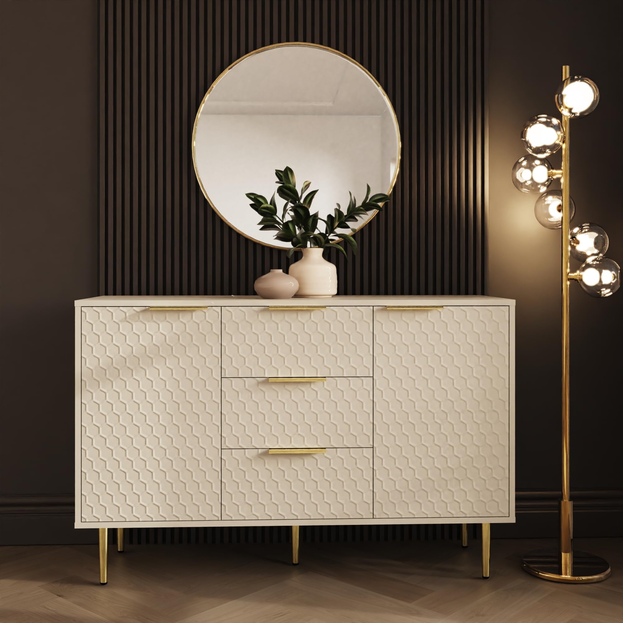 GFW Azariah Large Sideboard, Ivory Storage Cabinet with Geometric Honeycomb Design, Brass Handles and Legs, Living Room and Dining Room Furniture