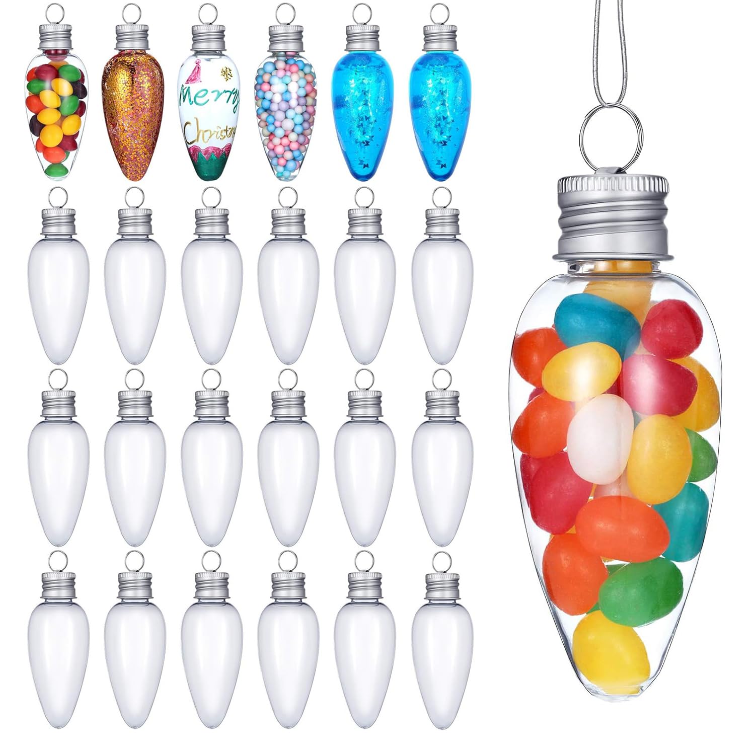 24Pcs Christmas Fillable Light Bulb Shape Ornaments, Plastic Light Bulb Candy Containers Clear Candy Jars Christmas Tree Ornaments Set for DIY Crafts