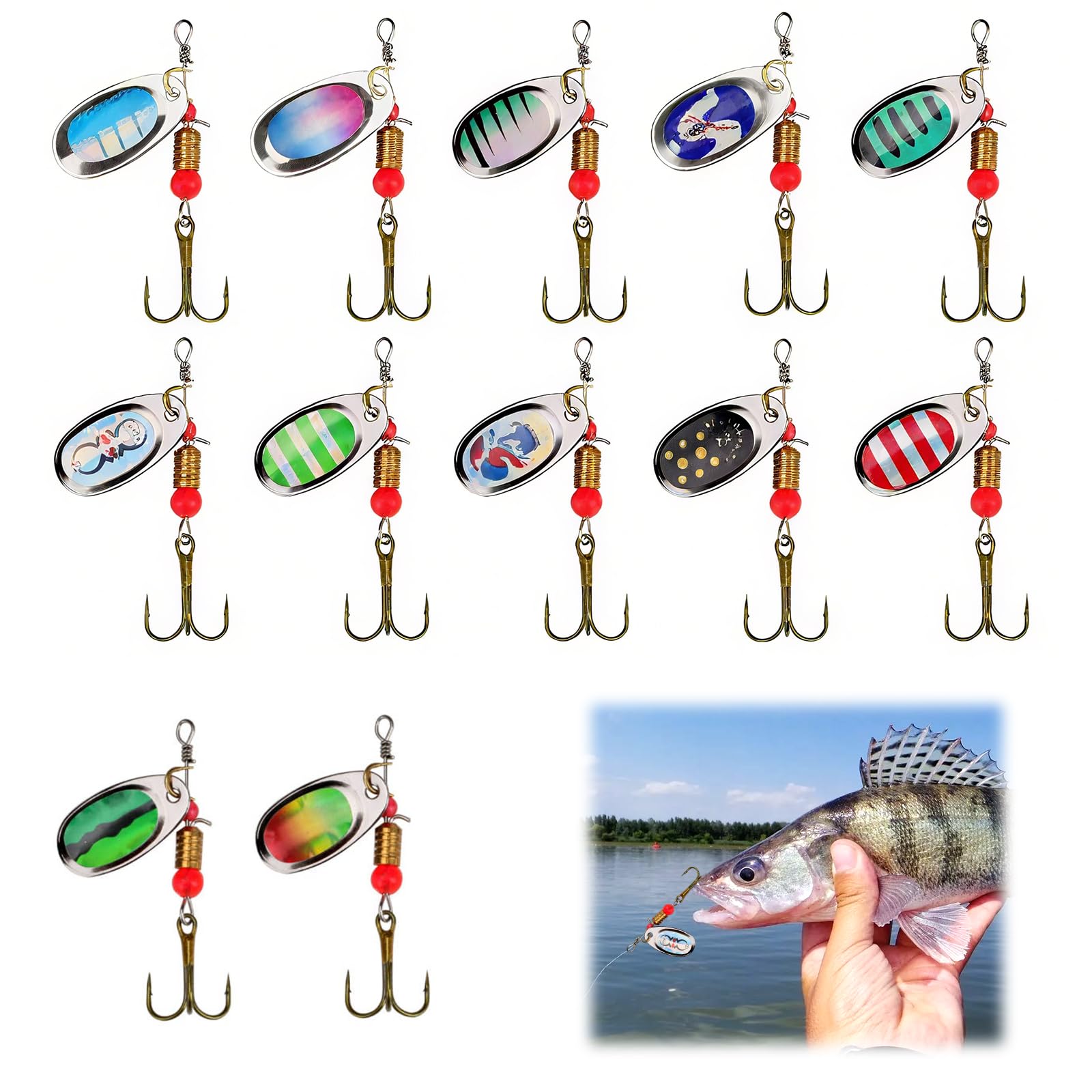 OIHCAZ Spinner Bait Set, 12 Piece Fishing Lures Set with Storage Case Multi Coloured Metal Fishing Spinners for Freshwater & Saltwater, Ideal for Rivers, Lakes, Coastal Waters Anglers)