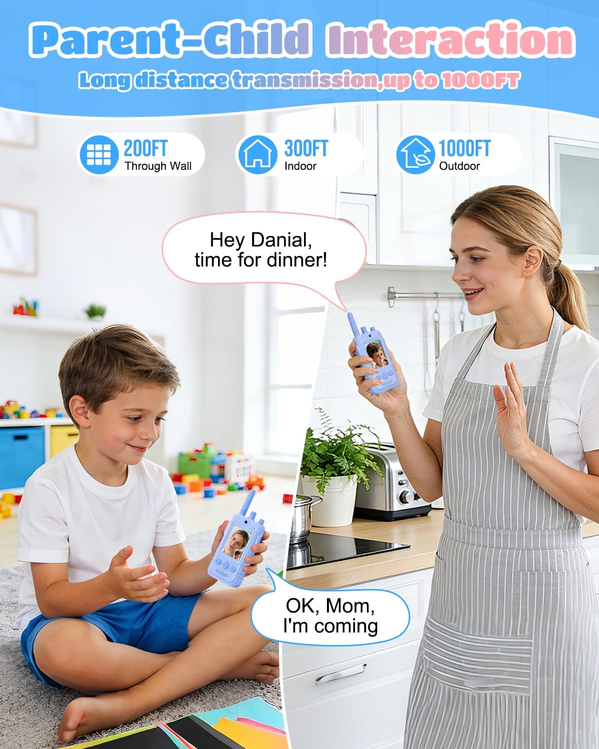 Walkie Talkies for Kids, 2 Pack Rechargeable Video Intercom Kids Walkies Talkies, Indoor Outdoor Toys Gifts for Family Games, Outside, Camping, Hiking for Boys Girls Ages 3-6(Blue)