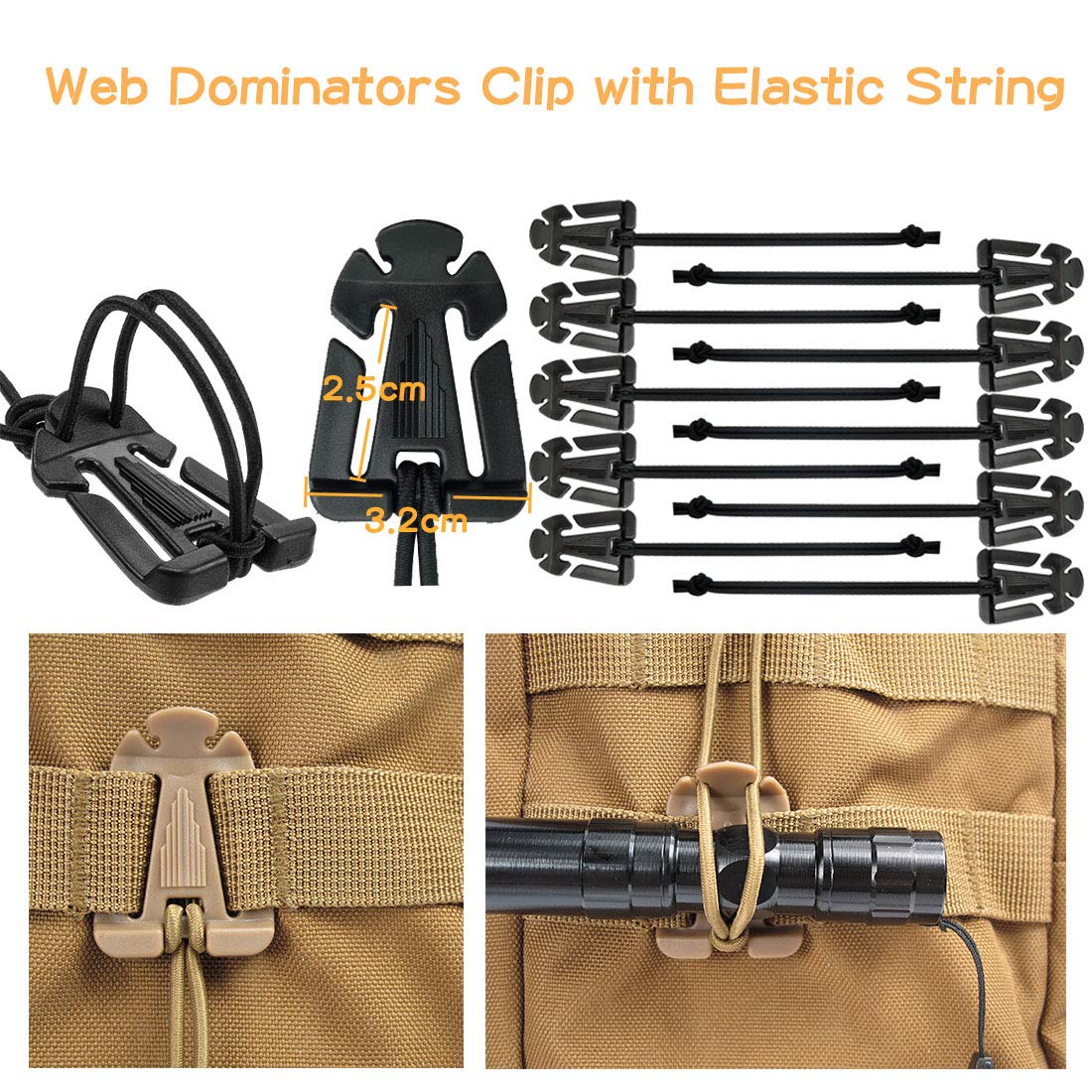Egurs 6 stuks tactische Molle Webbing D-ring karabijnhaak sleutelhanger riemgesp met klittenbandsluiting accessoires houder legergroen