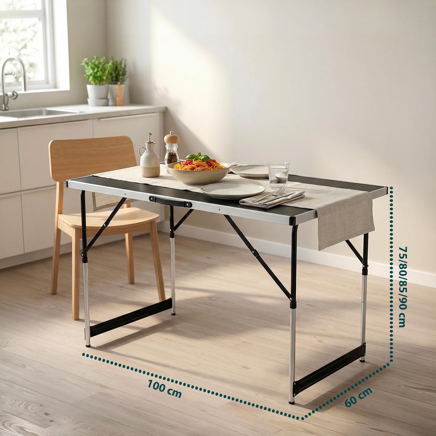 Tavolo Pieghevole Set da 3 con 4 Altezze Regolabili, Struttura in Alluminio e Piano in MDF, per Campeggio, Giardino ed Eventi, Leggero, Salvaspazio e Facile da Trasportare