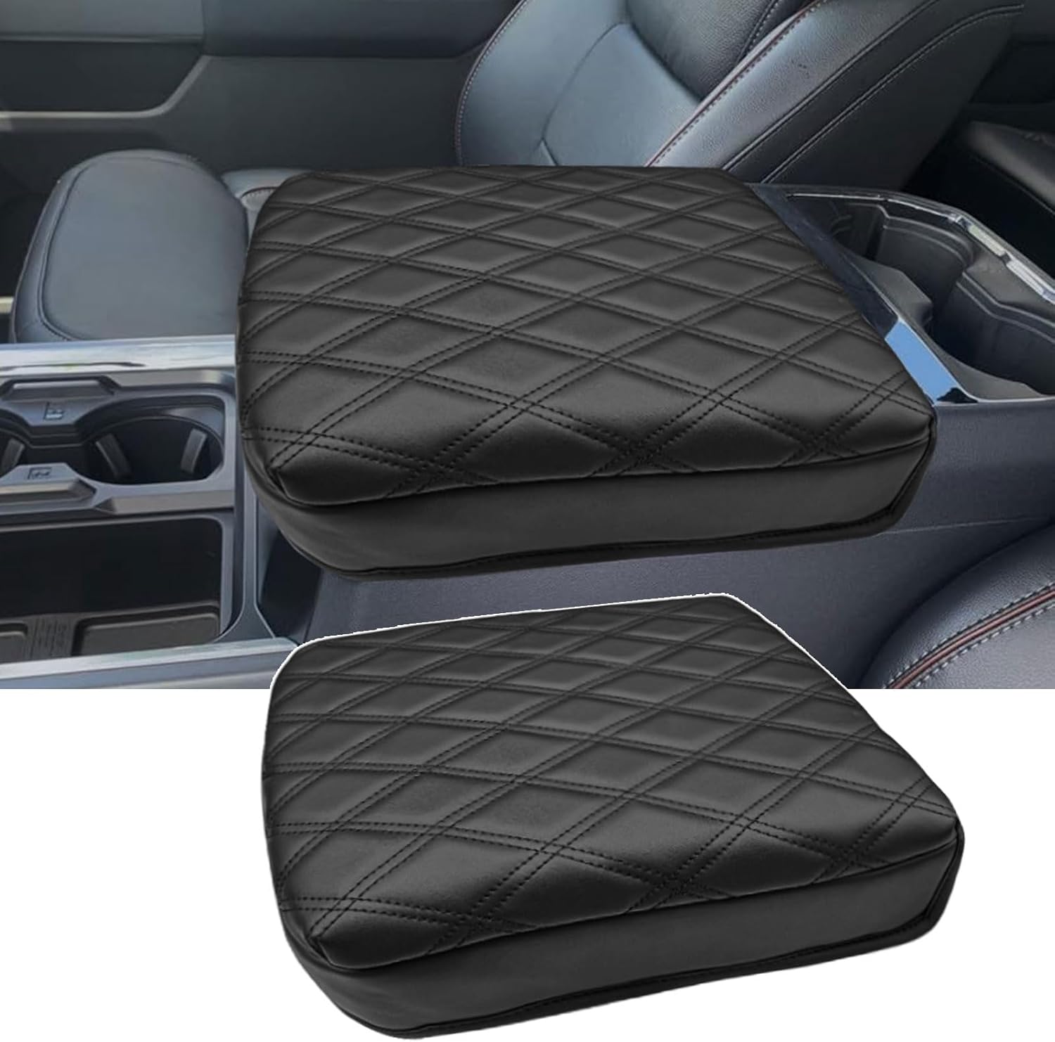 Center Console Armrest Cover for F250 F350 F450 F550 2023-2025, Bucket Seat Arm Rest Lid PU Leather Cushion Protector Interior Accessories, Black