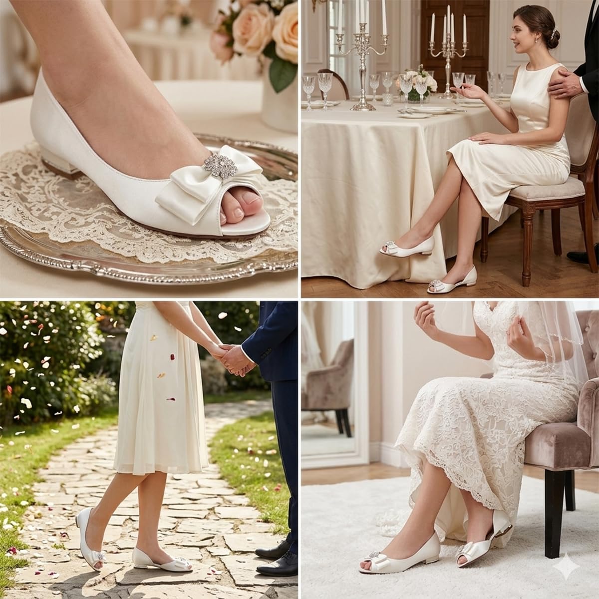 Bailarinas Peep Toe de Raso para Mujer Planas, Zapatos D'Orsay con Lazo Estructurado y Centro de Cristal, Zapatos de Boda o Fiesta y Eventos Especiales