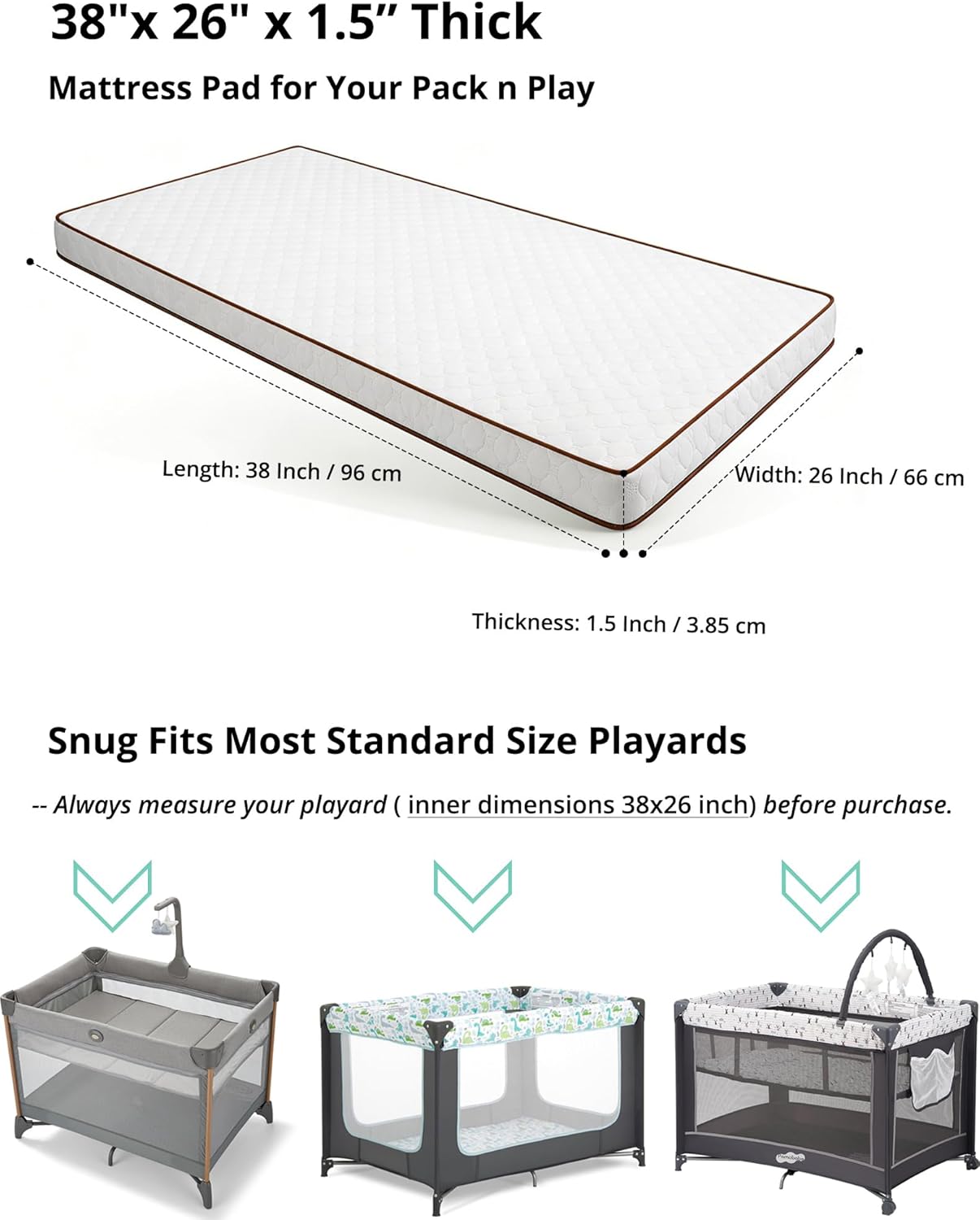 Pack and Play Mattress 38"x26" Playard Baby Pad for Pack n Play, No Gap Safer 3D Piped Edge, 1.5" Thick Medium Firm, Breathable Waterproof Washable Cover, White