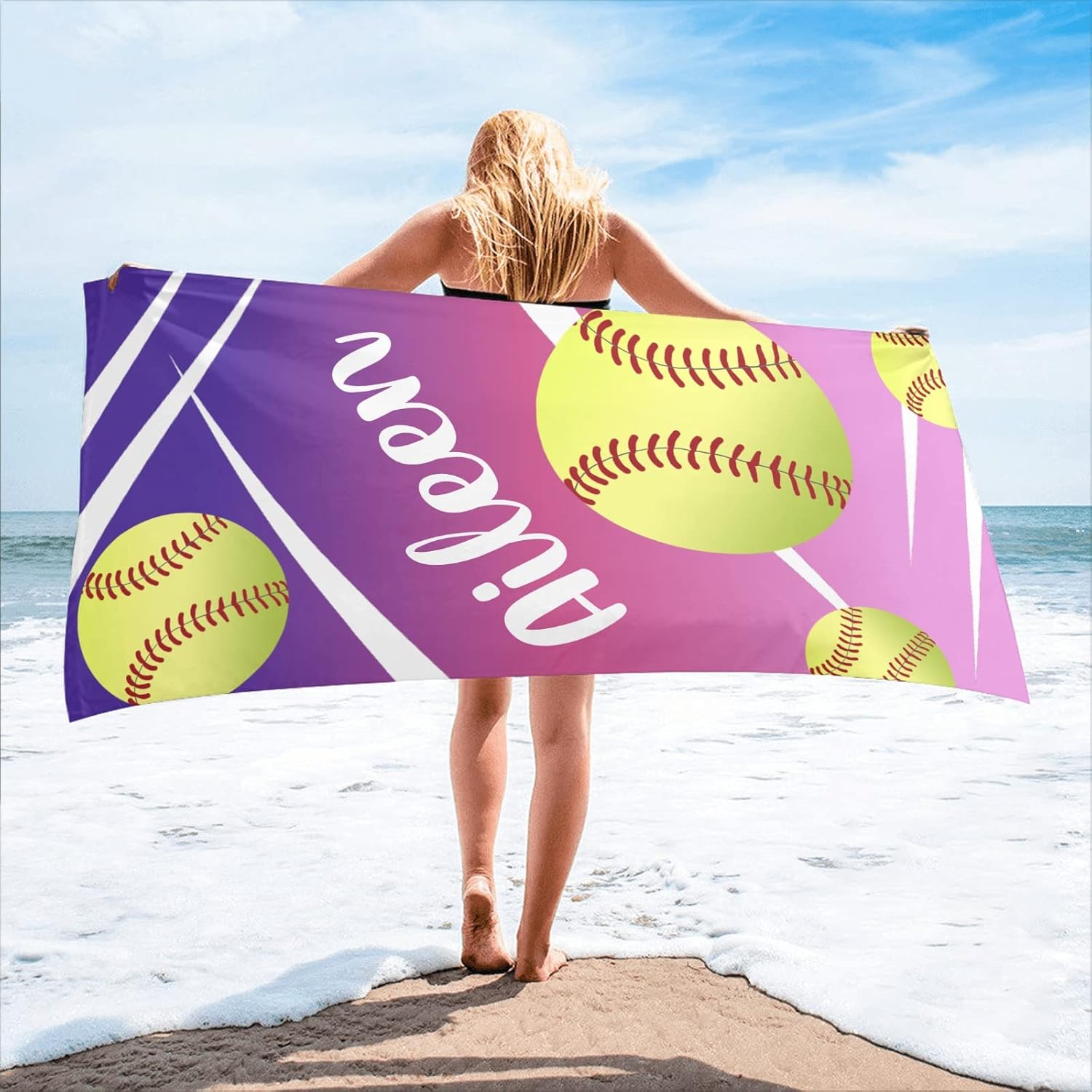 Personalized Softball Pink Purple Beach Towel with Name Quick Dry Absorbent Bath Towels 2 Sides Printed for Wedding Birthday Gift 30 X 60 inch
