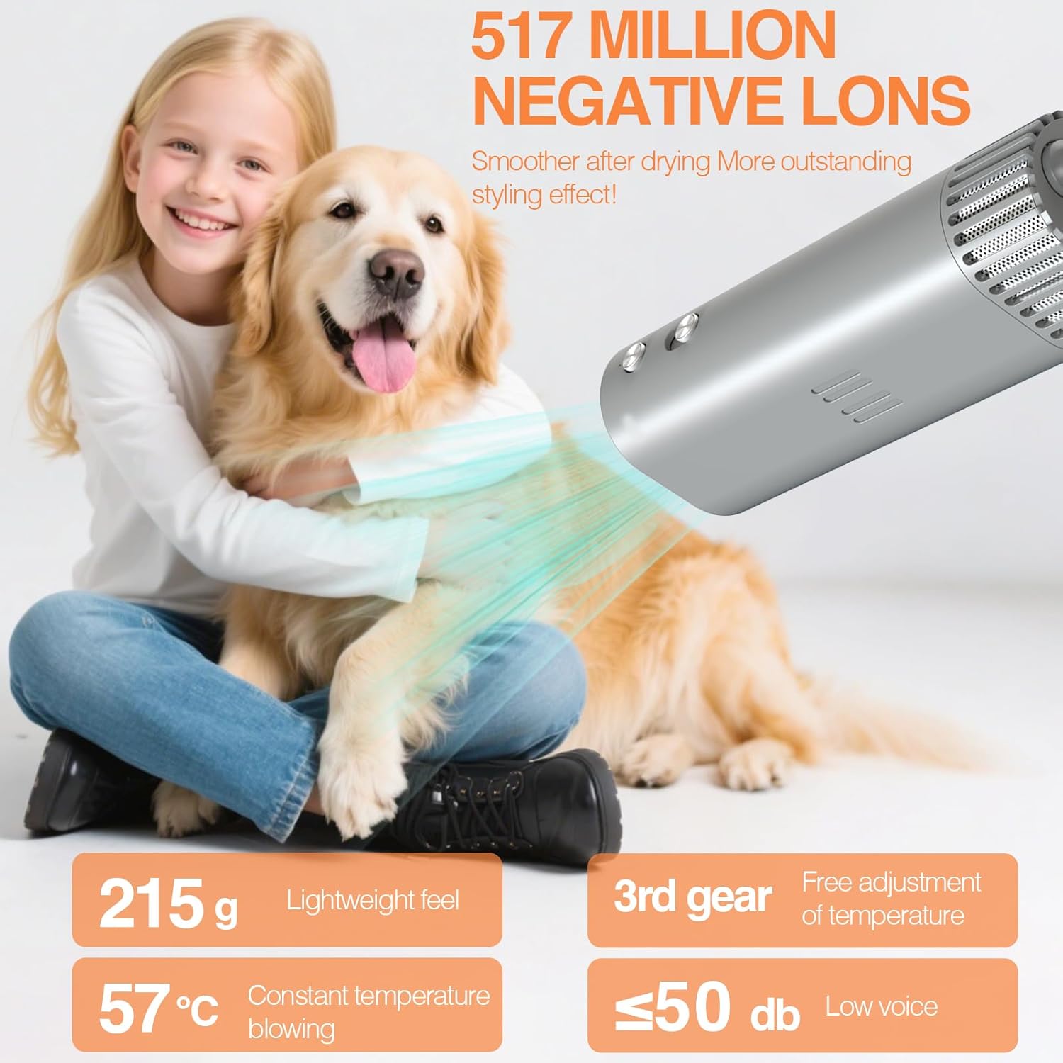 Cat and Dog Universal Pet Hair Dryer 200 Million Negative Ions, Low Noise Hands-Free Neck Hanging Hair Dryer with Automatic Cleaning, Speed and Temperature Adjustment, for Home/Pet Shop Use