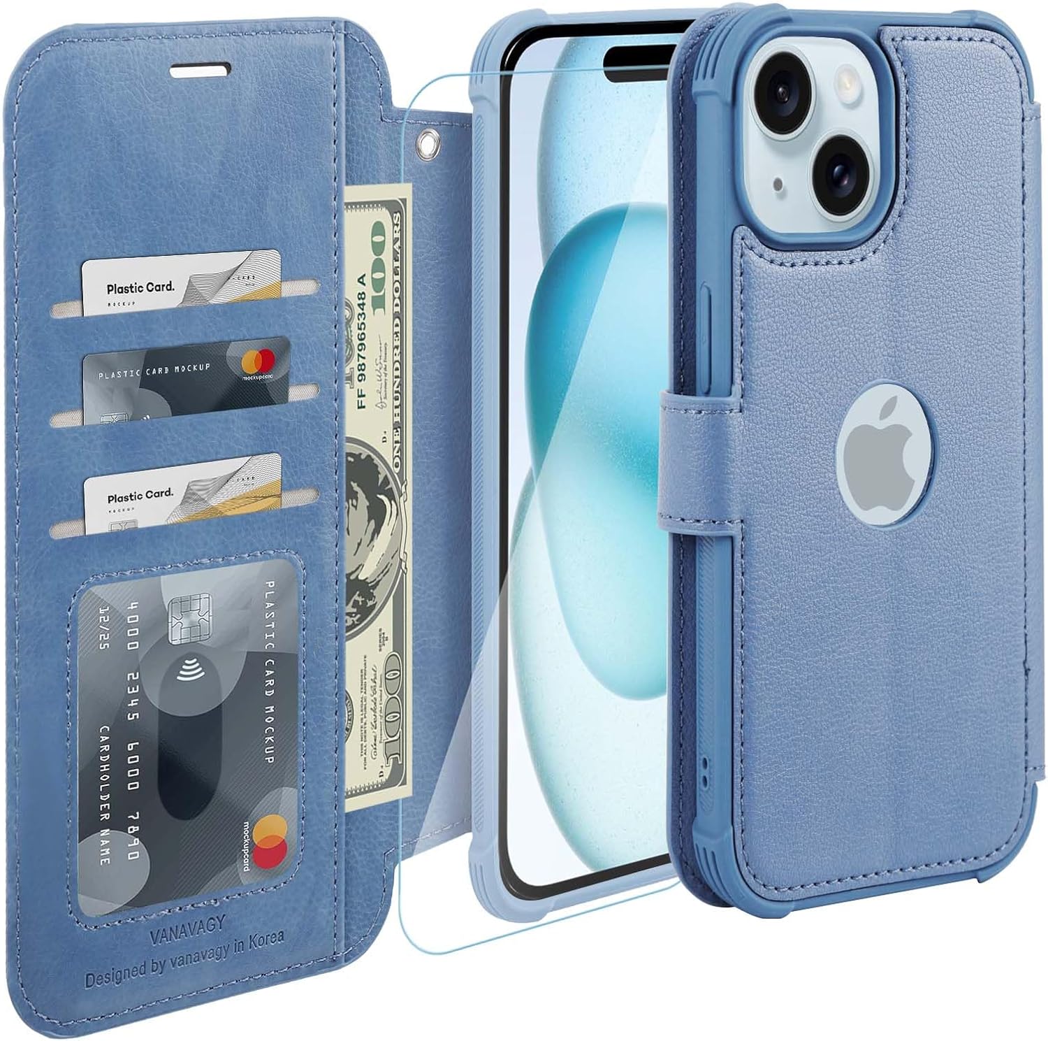 VANAVAGY Compatible for iPhone 15 Wallet Case, PU Leather Flip Folio Cover with Wrist Strap RFID Blocking Card Holder for Wireless Charging,[Screen Protector & Camera Cover],Blue - Image 7