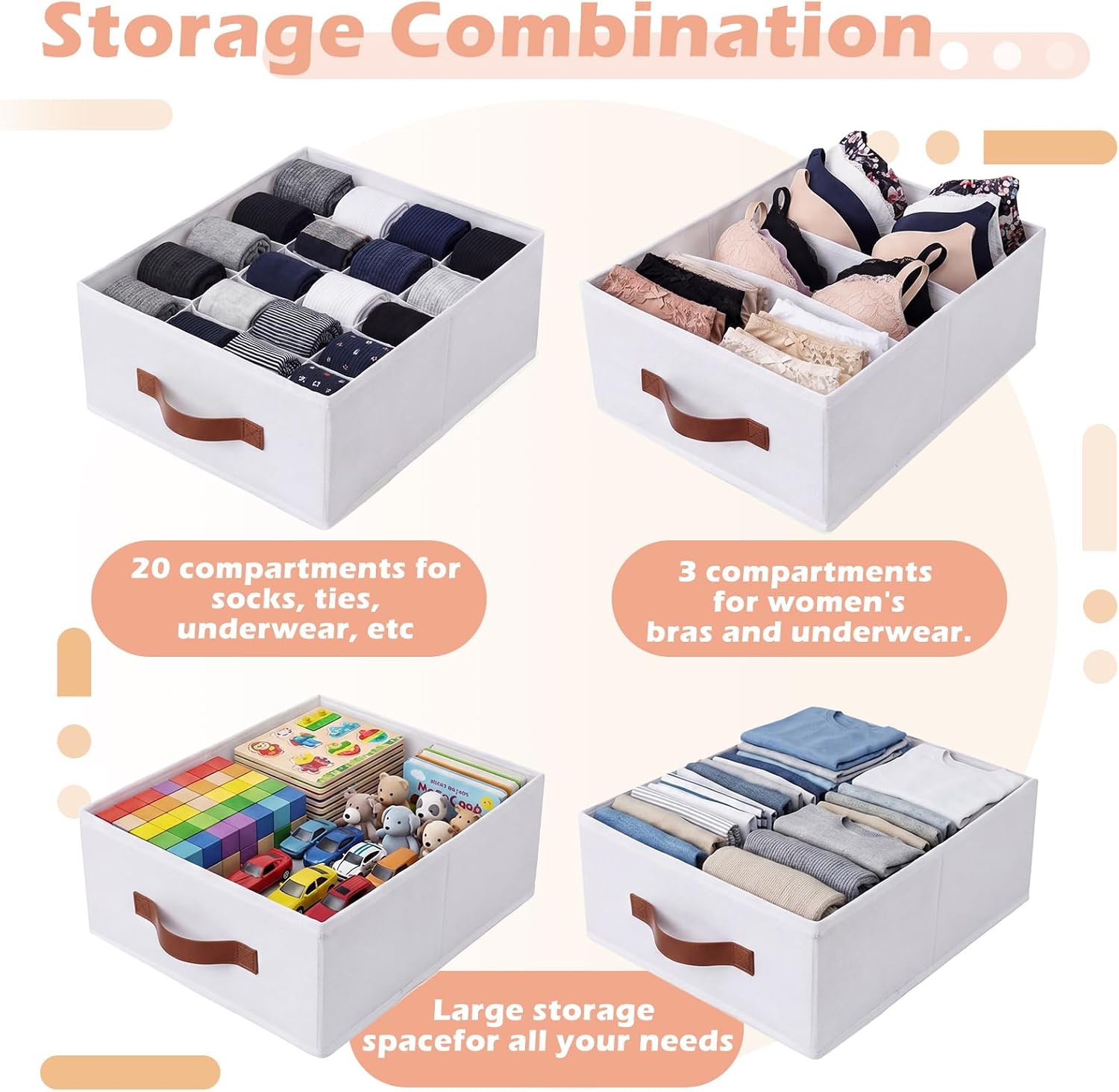 Windyun 4 in 1 Stackable Storage Drawers Closet Organizer,White | Fabric Bins with Drawers, for Socks Underwear Bras Scarves Ties, Large Foldable Clothes Storage Boxes, 12 x 15 x 6 Inch