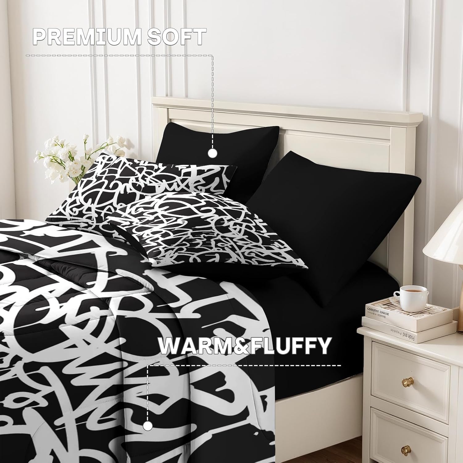 Nesker 7 Pcs Comforter Set Full Size, Abstract Graffiti Bedding Set for Kids and Adults, White Black Paint Funny Bed Sheet Sets with Fitted Sheet 2 Pillowcases & 2 Shams
