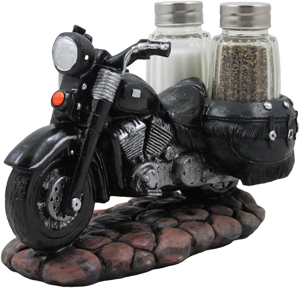 Classic Motorcycle Glass Salt and Pepper Shaker Set with Decorative Retro Road Hog Display Holder As Biker Bar and Kitchen Table Decorations for Vintage Chopper & Bike Riders or Gifts for Bikers