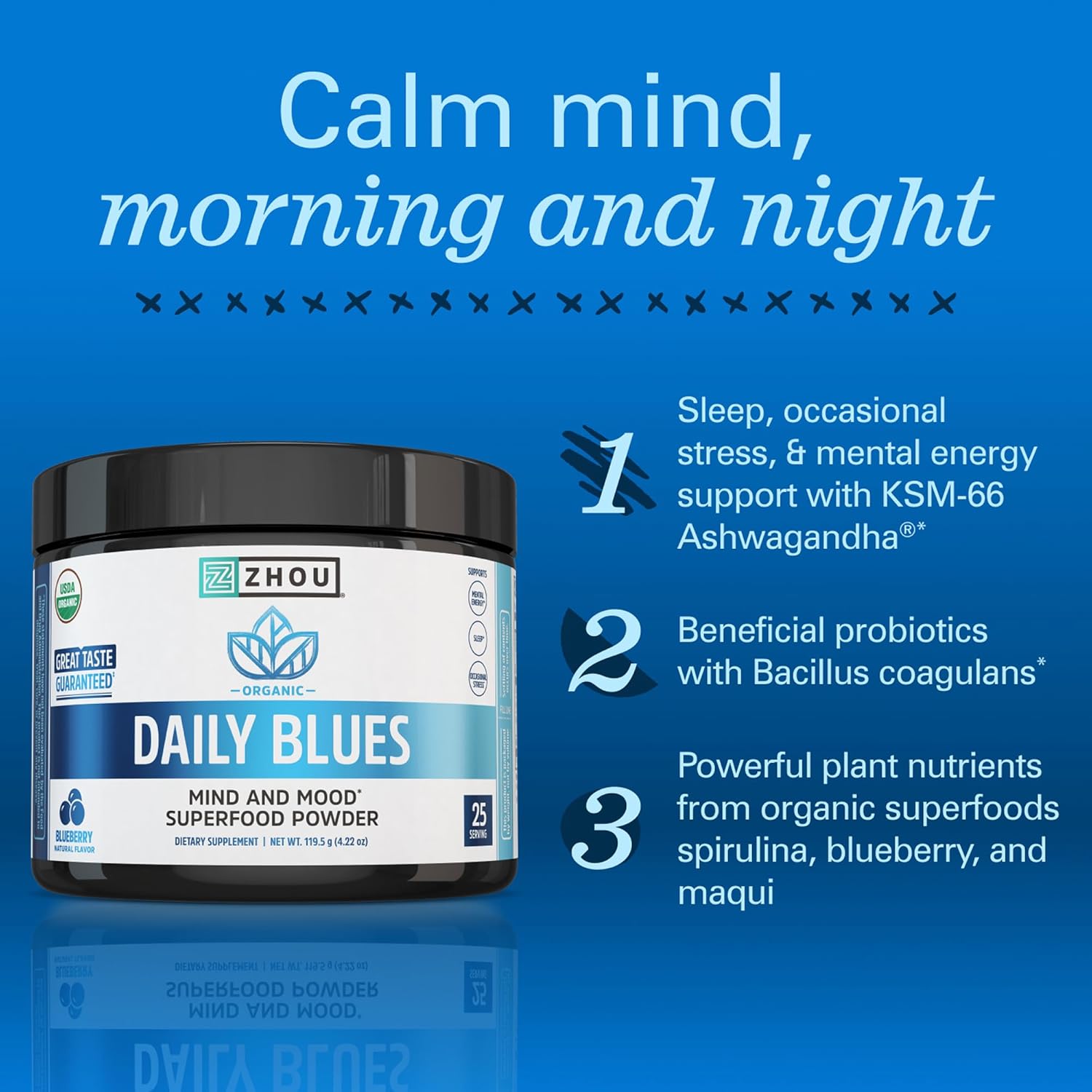 Zhou Daily Blues - Blue Spirulina Powder Organic, Blue Algae Energy Superfood Supplement for Smoothie, Vegan Drink Mix - Blueberry Flavor, 4.22 oz (25 Servings)
