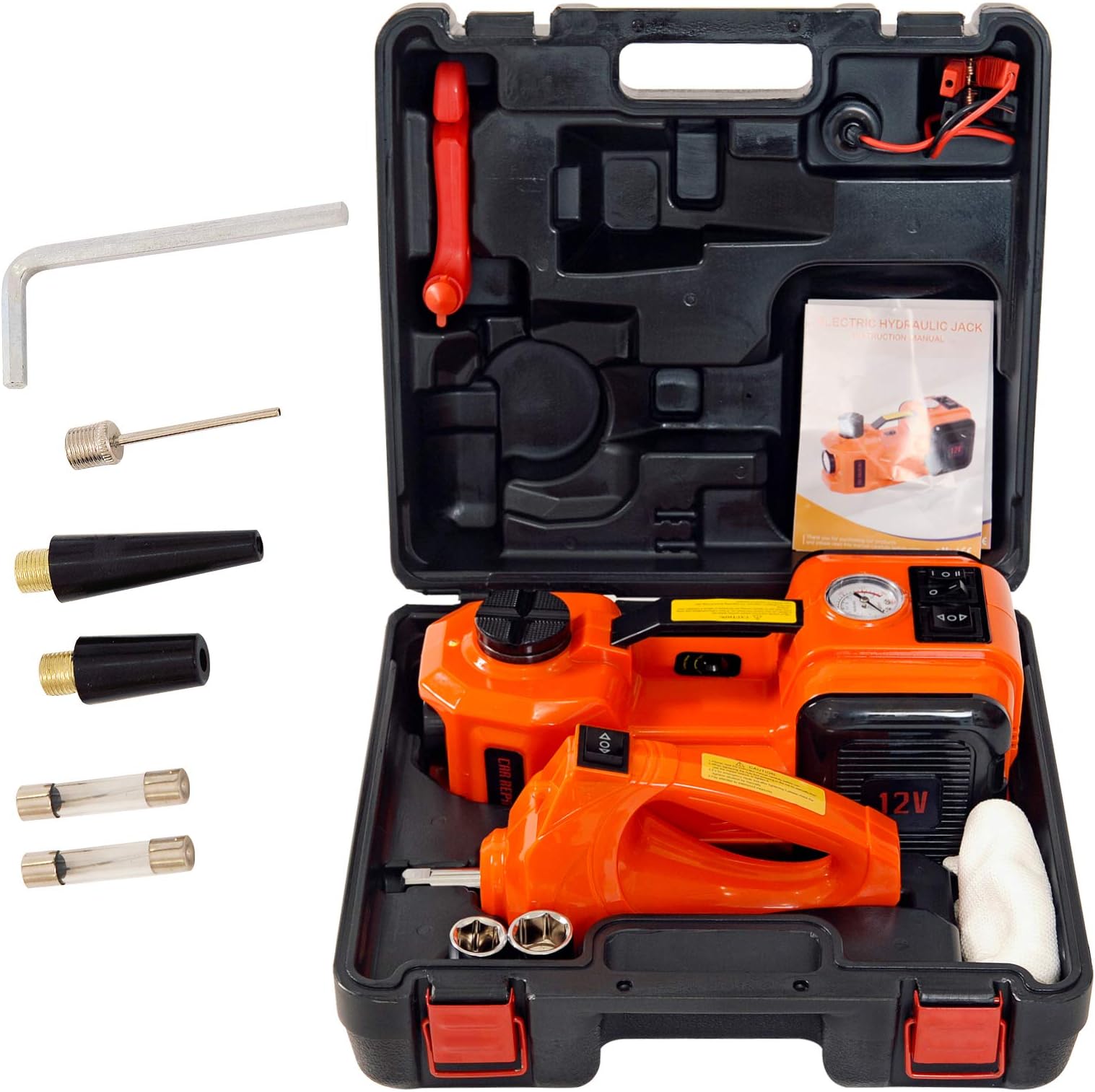 Electric Hydraulic Car Jack 5 Ton 12V with Built-in Tire Inflatable Pump LED Light 2Ways Car Power Supply Safety Hammer for Car Tire Repair Tool Kits 2years warranty by 360° Light