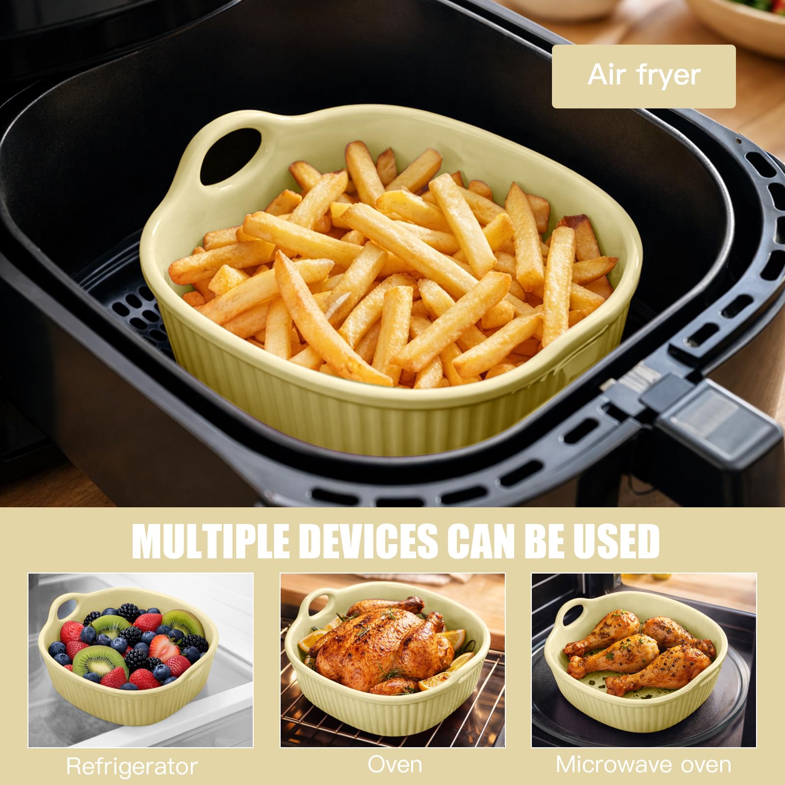 Plat à gratin rond en céramique pour friteuse à air chaud 18,5 x 16,5 x 5,5 cm | Moule à lasagnes et à lasagnes coloré | Moule en céramique avec poignées pour four à micro-ondes (gel de lait 650 ml)
