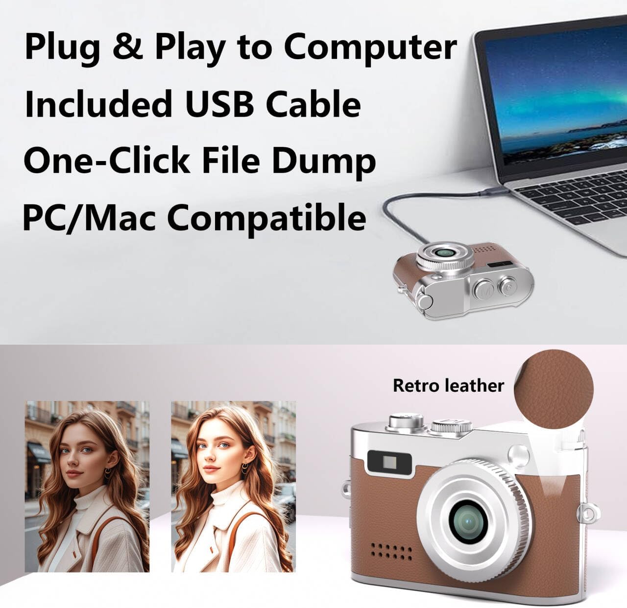 Mini Keychain Camera, 1080P Video Recorder, 0.96'' Display 12MP Retro Compact Tiny with 16GB SD Card, USB Adapt, 200mAh Battery, Lenane Digital Camera for Kids, Students, Travel, Daily (Brown)