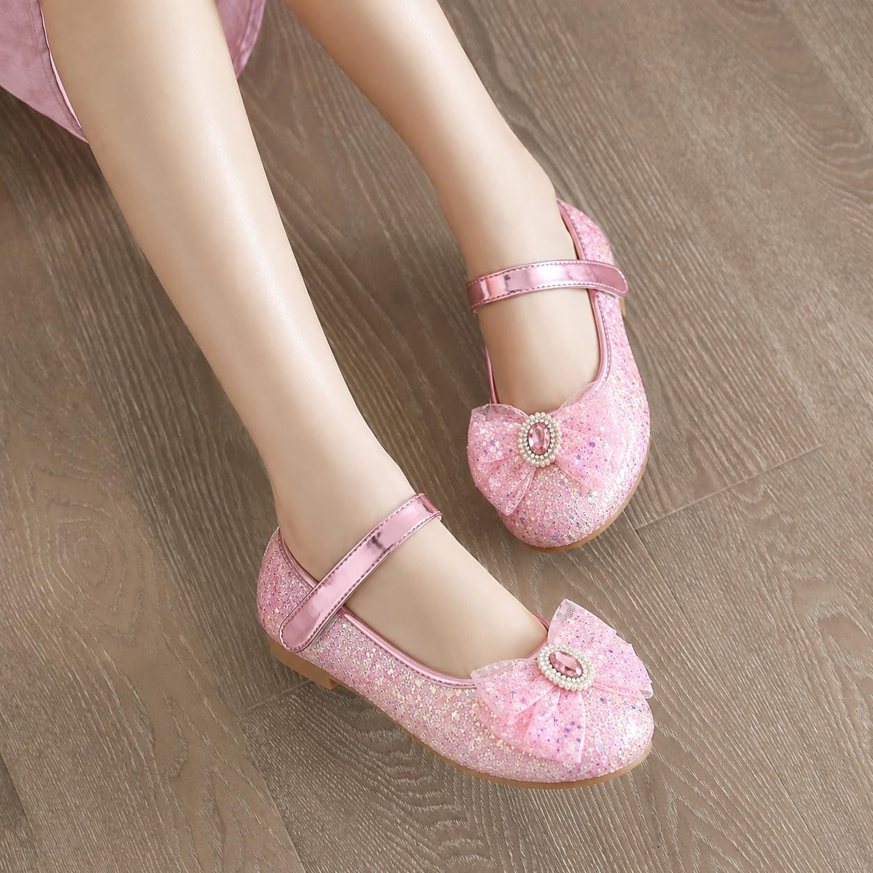 Girls Glitter Mary Jane Flats with Bow Wedding Party Dress Shoes