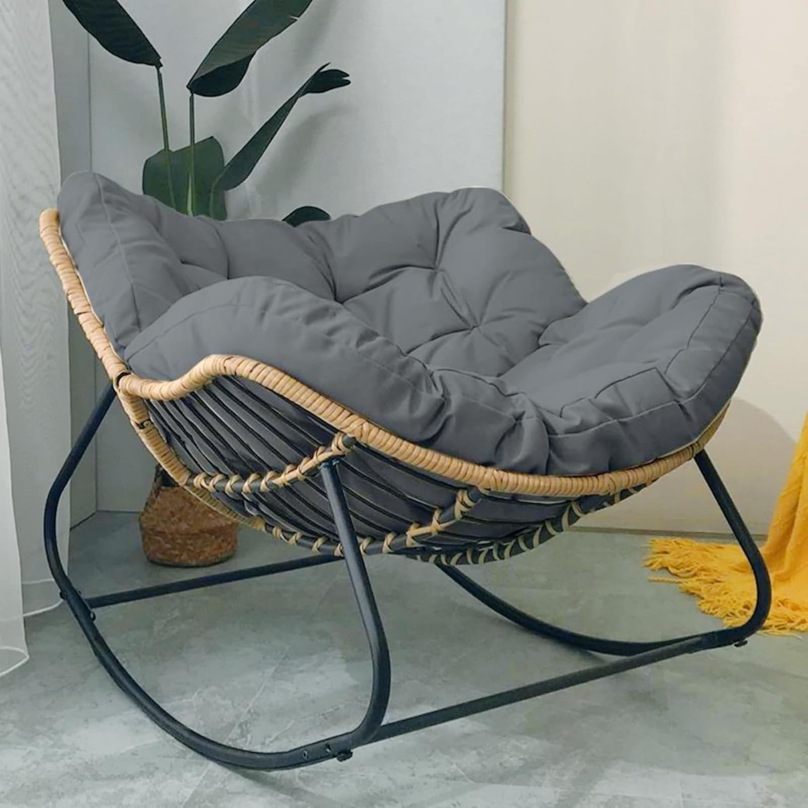 BYGSBKDP Outdoor Rocking Chair, Oversized Stainless Steel with Rattan Accents and Cushion Rocking Egg Chair for Adults and Children, Ideal for Garden, Bedroom, Living Room, Terrace (Dark Gray, Large)