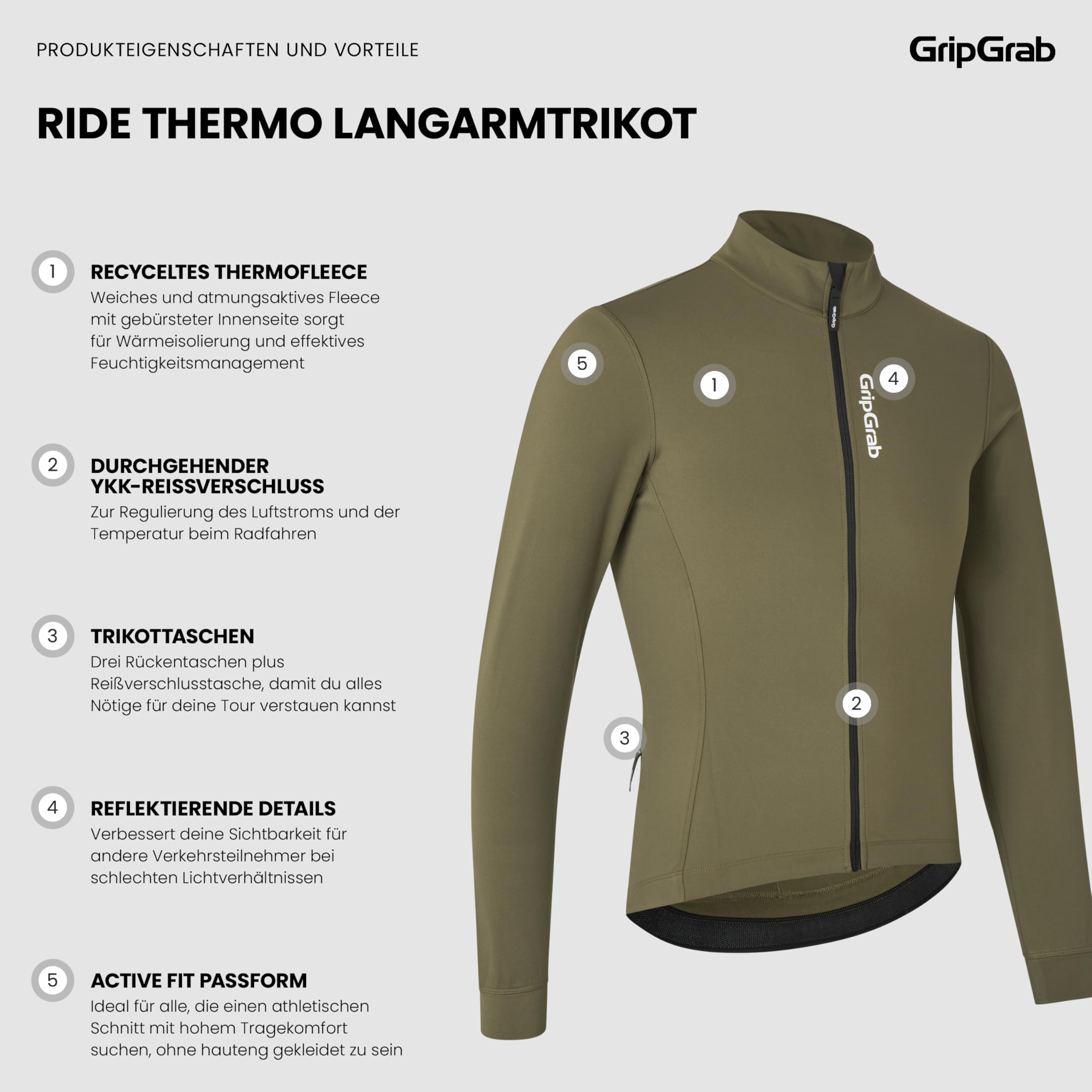 GripGrab Ride Herren Langarm Rennrad Trikot - Thermo Radtrikot Gravel Bike | Atmungsaktives Thermo-Fleece Jersey mit weicher Innenseite, 3 Rückentaschen und YKK-Reißverschluss für MTB, Gravel & Rennrad