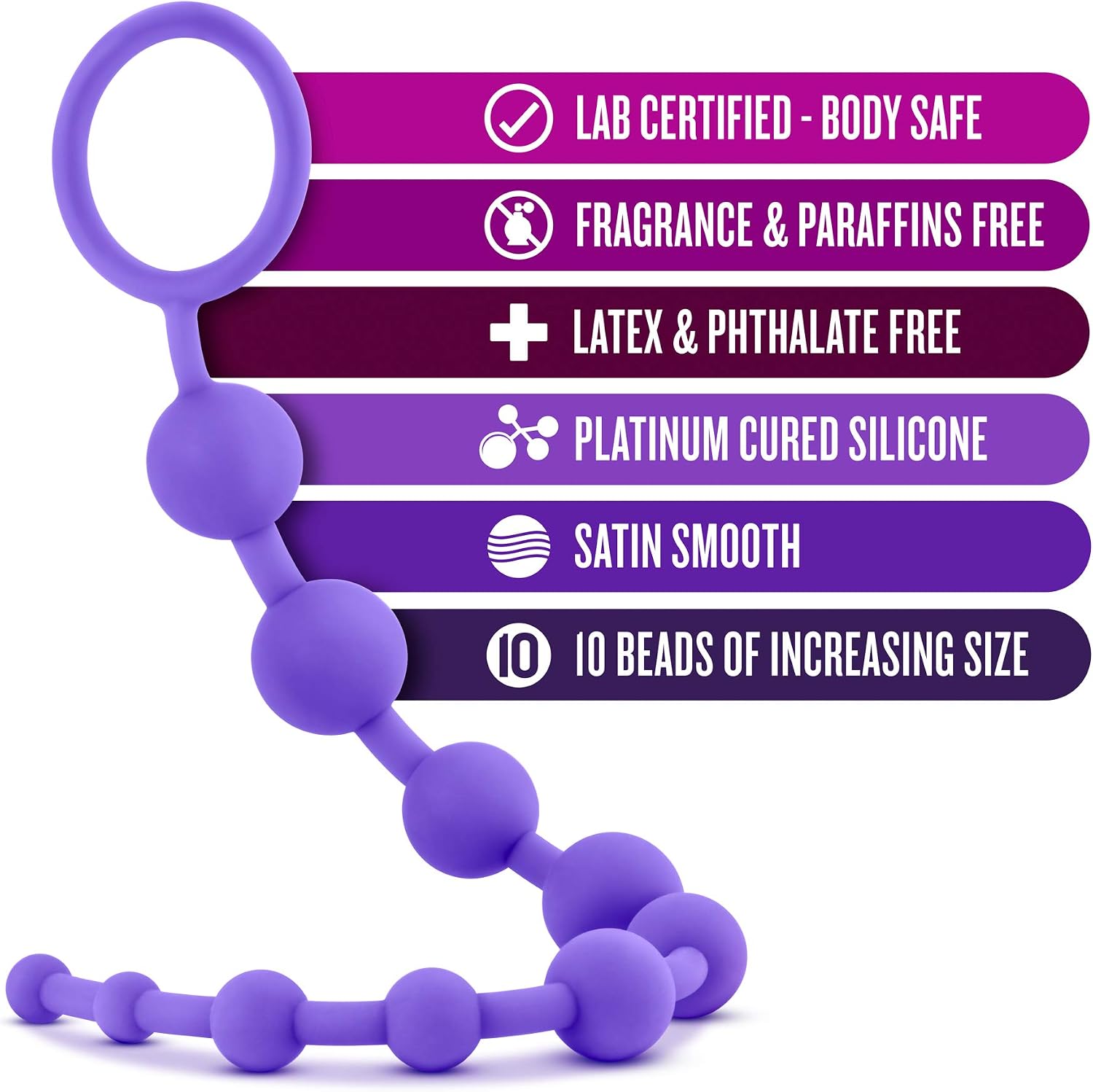 Blush Luxe Beginners 12.5" Silicone Anal Beads - 10 Increasing Size Beads Butt Plug - Easy Pull Loop Handle - Body-Safe Satin Smooth Loop-Style Bum Plug - Adult Sex Toy for Men Women Couples - Purple