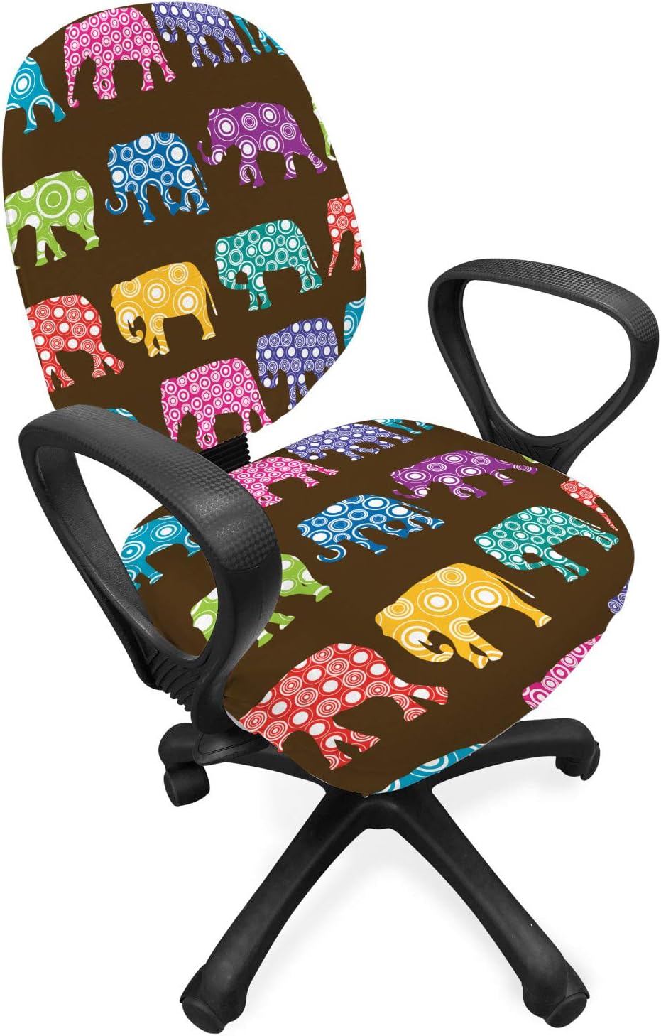 Ambesonne Animal Office Chair Slipcover, Abstract Safari Animals in Patterned with Circles on Brown Backdrop, Protective Stretch Decorative Fabric Cover, Standard Size, Brown Green