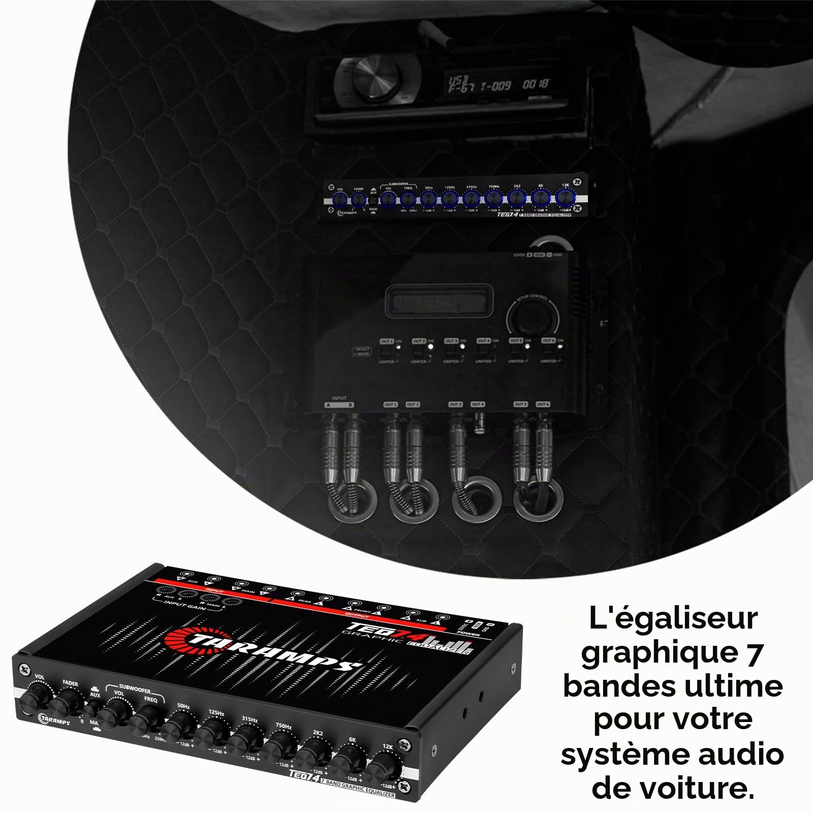 Taramps TEQ 7.4 Égaliseur Graphique stéréo 7 Bandes pour Voiture Entrée/Sortie RCA, Gain auxiliaire, contrôle du Fader, 2 canaux d'entrée, 3 canaux de Sortie, égaliseur de Son LED Bleue