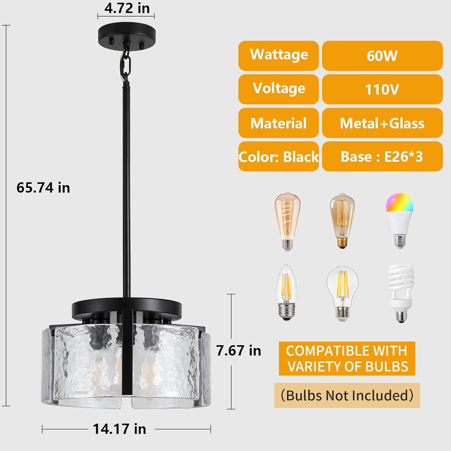 Glass Drum Chandelier for Dining Room, 3-Light Black Modern Chandelier Farmhouse Lights Kitchen Lighting Fixtures Over Table for Foyer Entryway Hallway Laundry Room Bedroom Bathroom