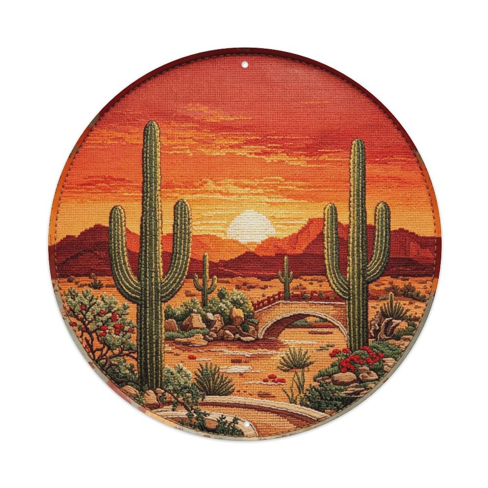 Desert Cactus Sunset Embroidery Metal Tin Sign Plaque
