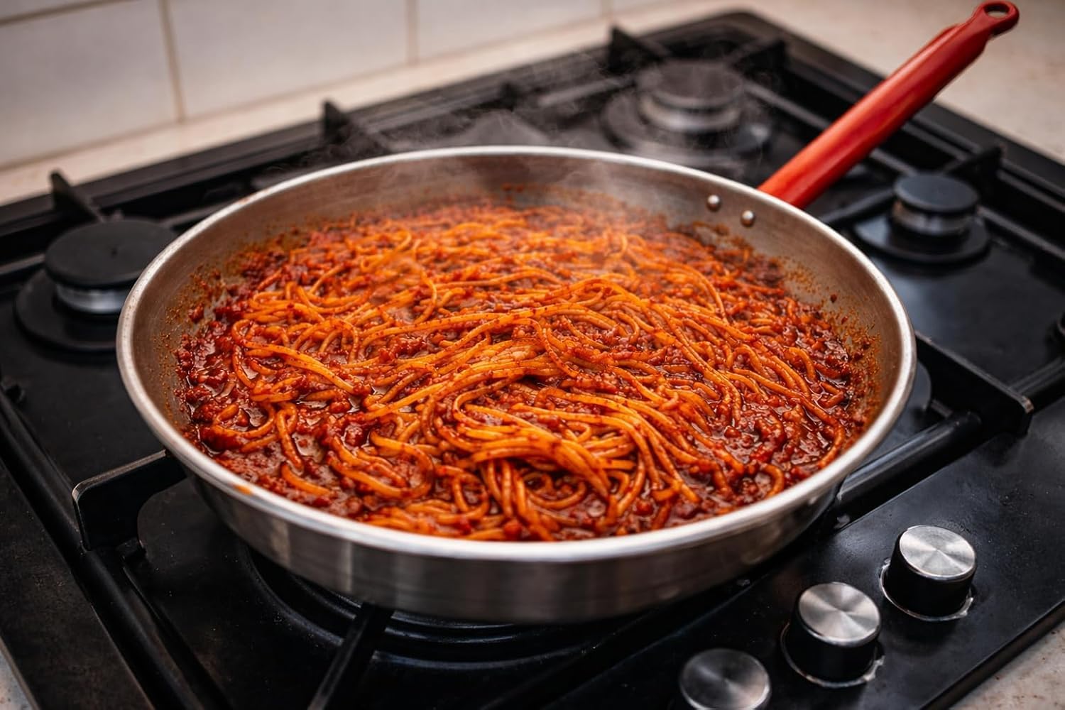 Padella in Ferro Spazzolato con Manico Rosso Ergonomico, Rotonda, per Spaghetti e Wok, Uso Professionale (36 cm)