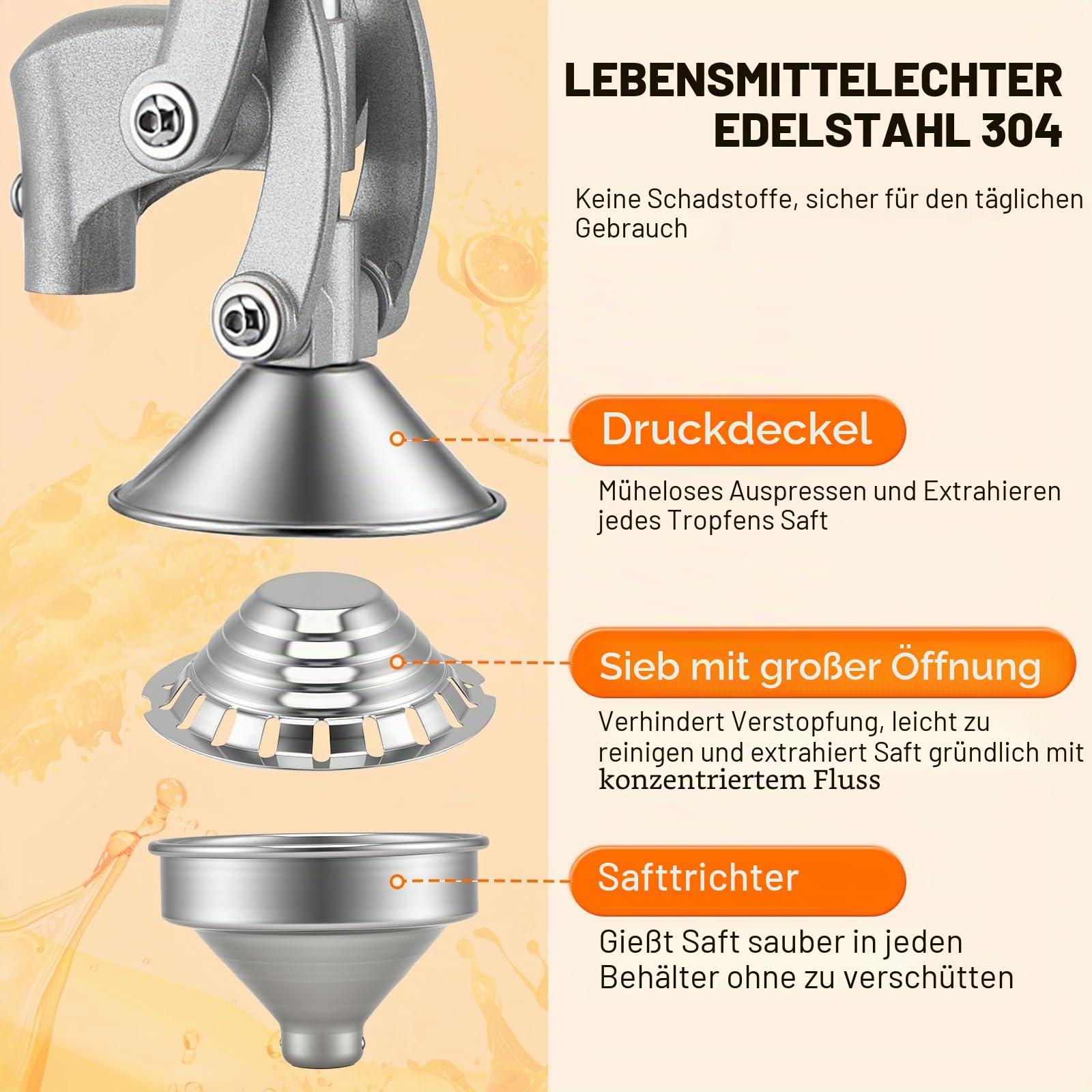 Saftpresse Manuell, professionelle Zitruspresse aus 304 Edelstahl, Hebelfruchtpresse mit 2 Pressköpfen, Orangenpresse Handpresse für Orangen, Zitronen, Granatäpfel, Grapefruits