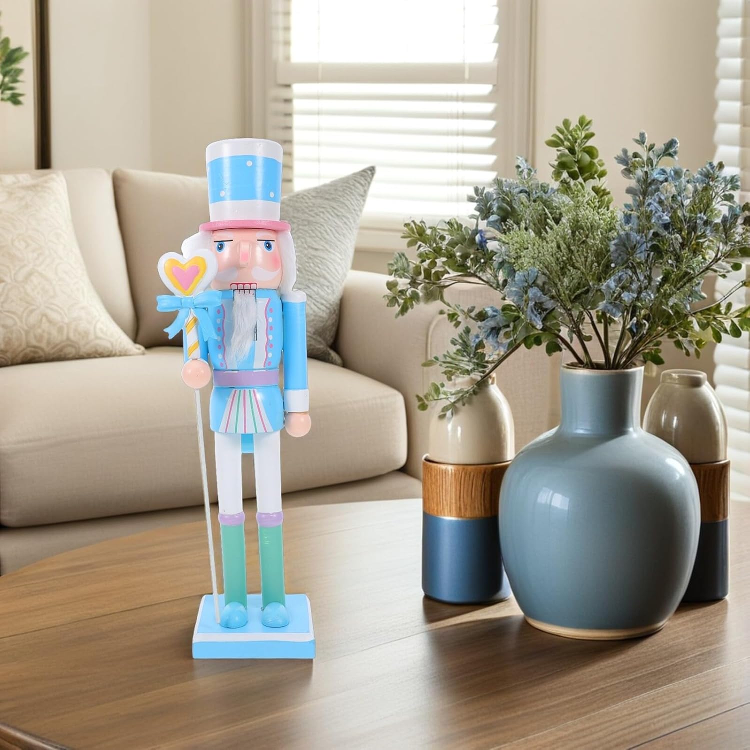 Wooden Nutcracker Soldier Figure 38cm Light Blue Holiday Decoration Christmas Nutcracker Puppet for Table Centerpiece and Festive Home Decor