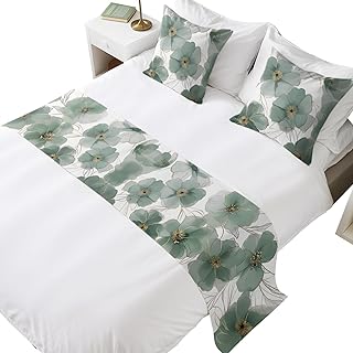 Bed Runner for Cal. King Size Bed, Green Tulip Flowers Decorative Beds Runners and 2 Matching Pillow Covers Set, Rustic Botanical Pastoral Leaves Beds Scarf Throw for Foot of Bedding Set for Hotel