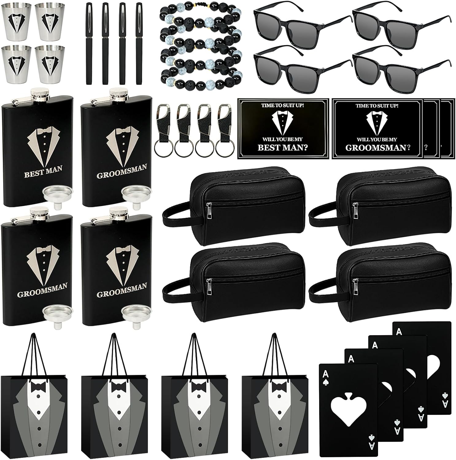 Set 4 Groomsmen Proposal Gifts - Groomsmen Gift Boxes with Leather Bag，Tuxedo Flask, Funnel，Shot Glasse，Poker Card Bottle Openers, Sunglasses, Pen，Bracelet, Card & Gift Bags for Wedding Party