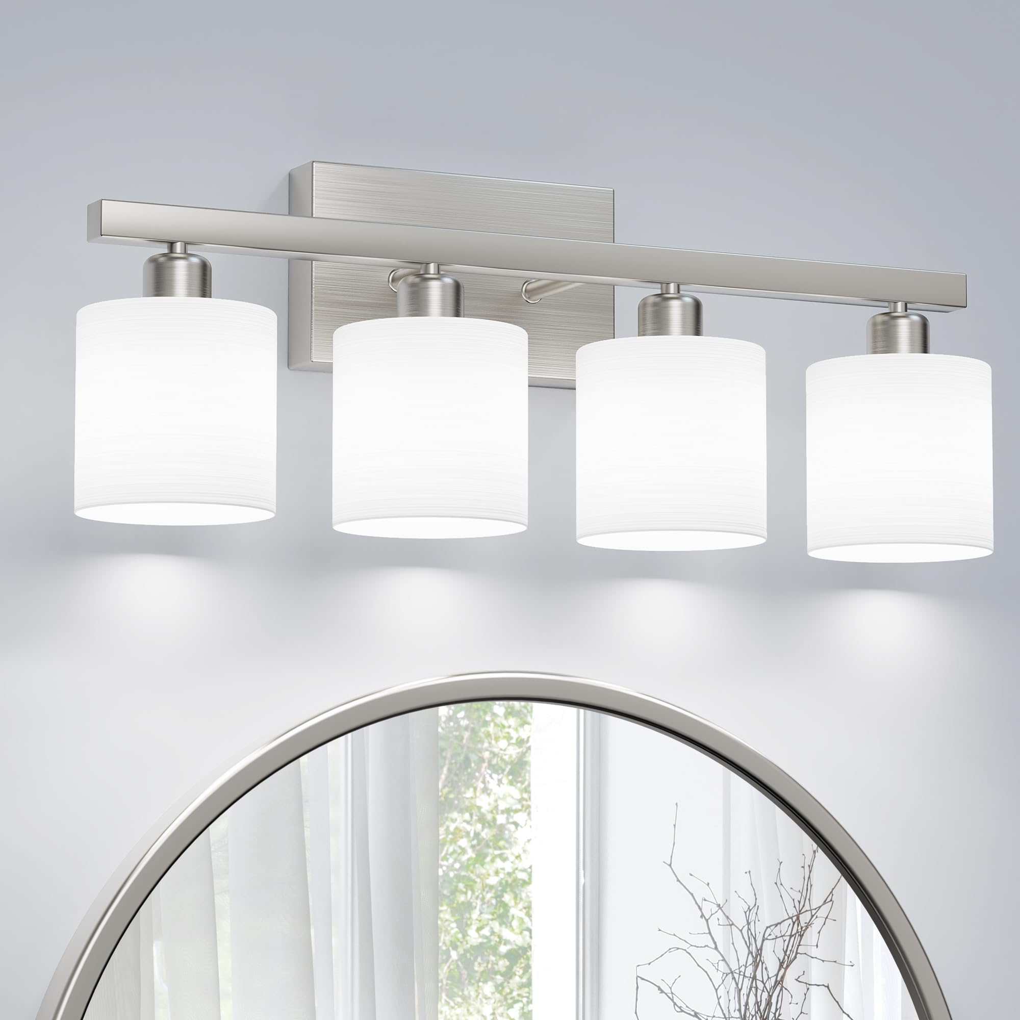 PARTPHONER Bathroom Light Fixtures, Bathroom Lighting Fixtures Over Mirror, Classic Vanity Lights, Modern Vanity Light with Textured Frosted Opal White Glass Shades, Brushed Nickel, 4-Light