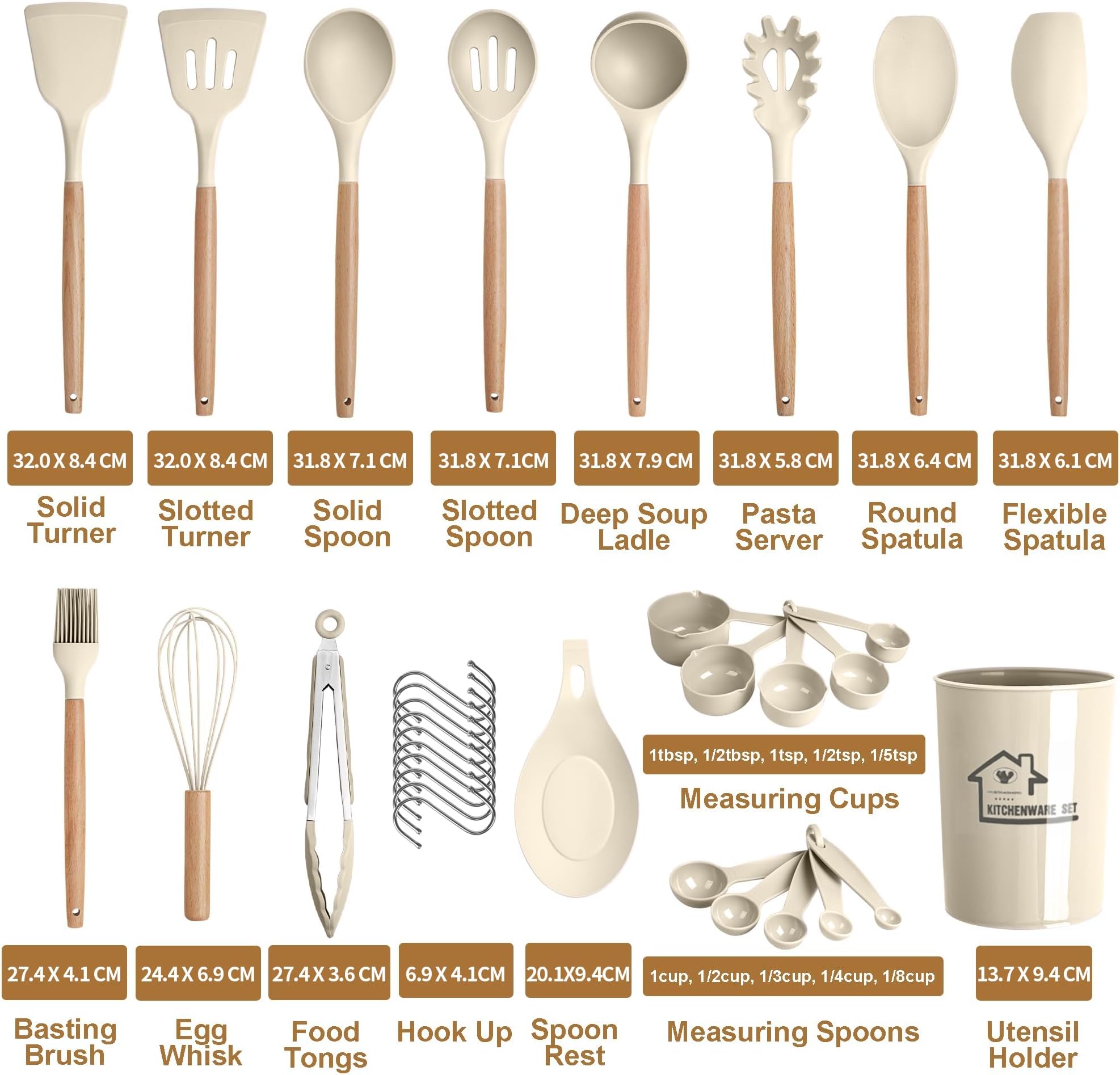 ACHAS Silicone Cooking Utensil Set, 33Pcs Kitchen Cooking Utensils Set, Heat-Resistant Wooden Utensils, Kitchen Tools Set for Cooking & Baking (Khaki)