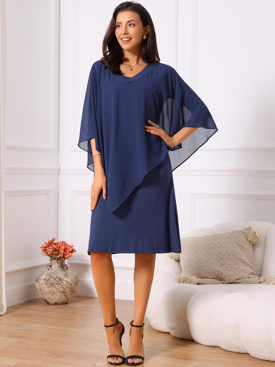 Seta T Women's Fall Dresses 3/4 Sleeve V Neck Chiffon Cape Overlay Knee Length Pencil Dress for Wedding Guest - Image 5