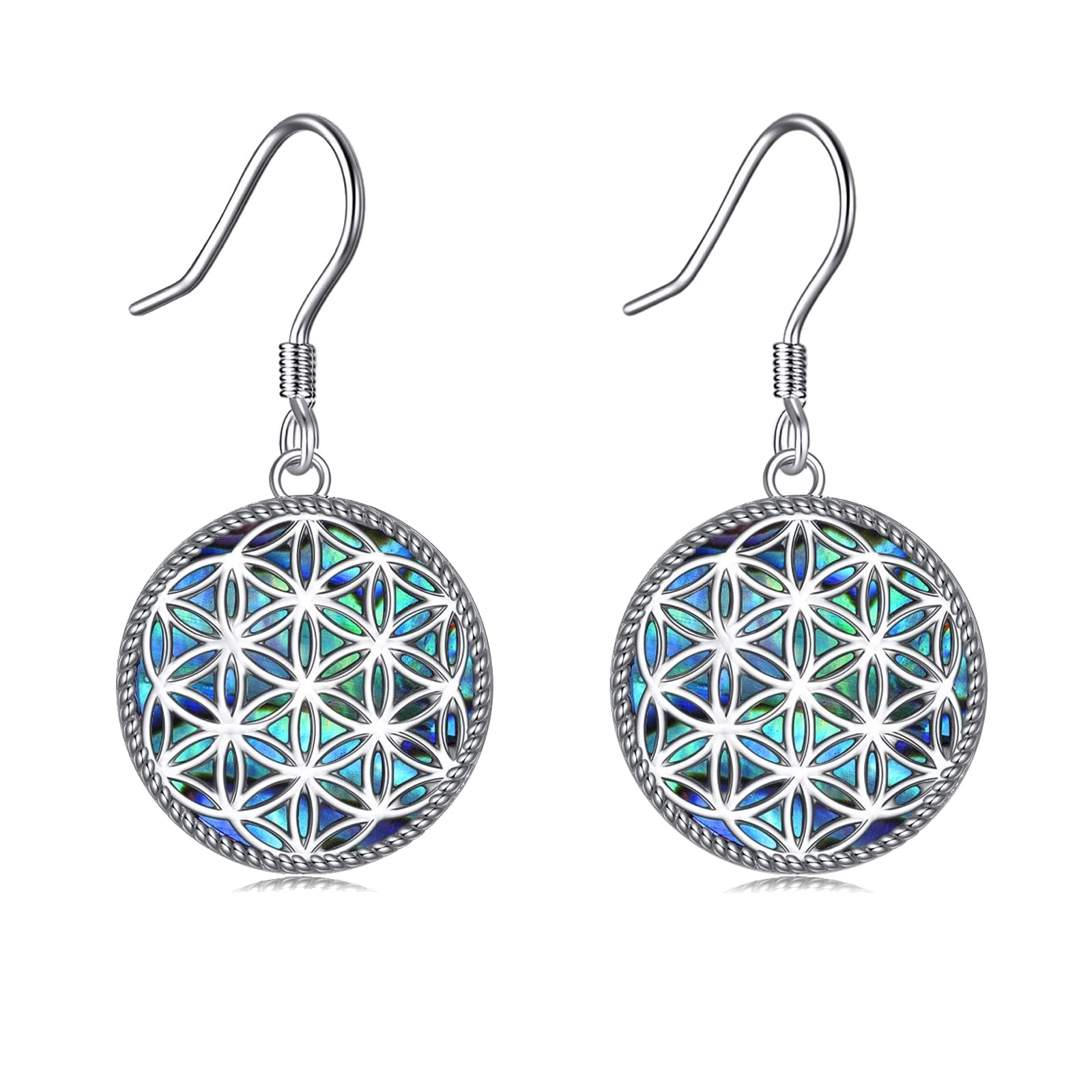 YAFEINISterling Silver Flower of Life Dangle Drop Earrings with Abalone Shell