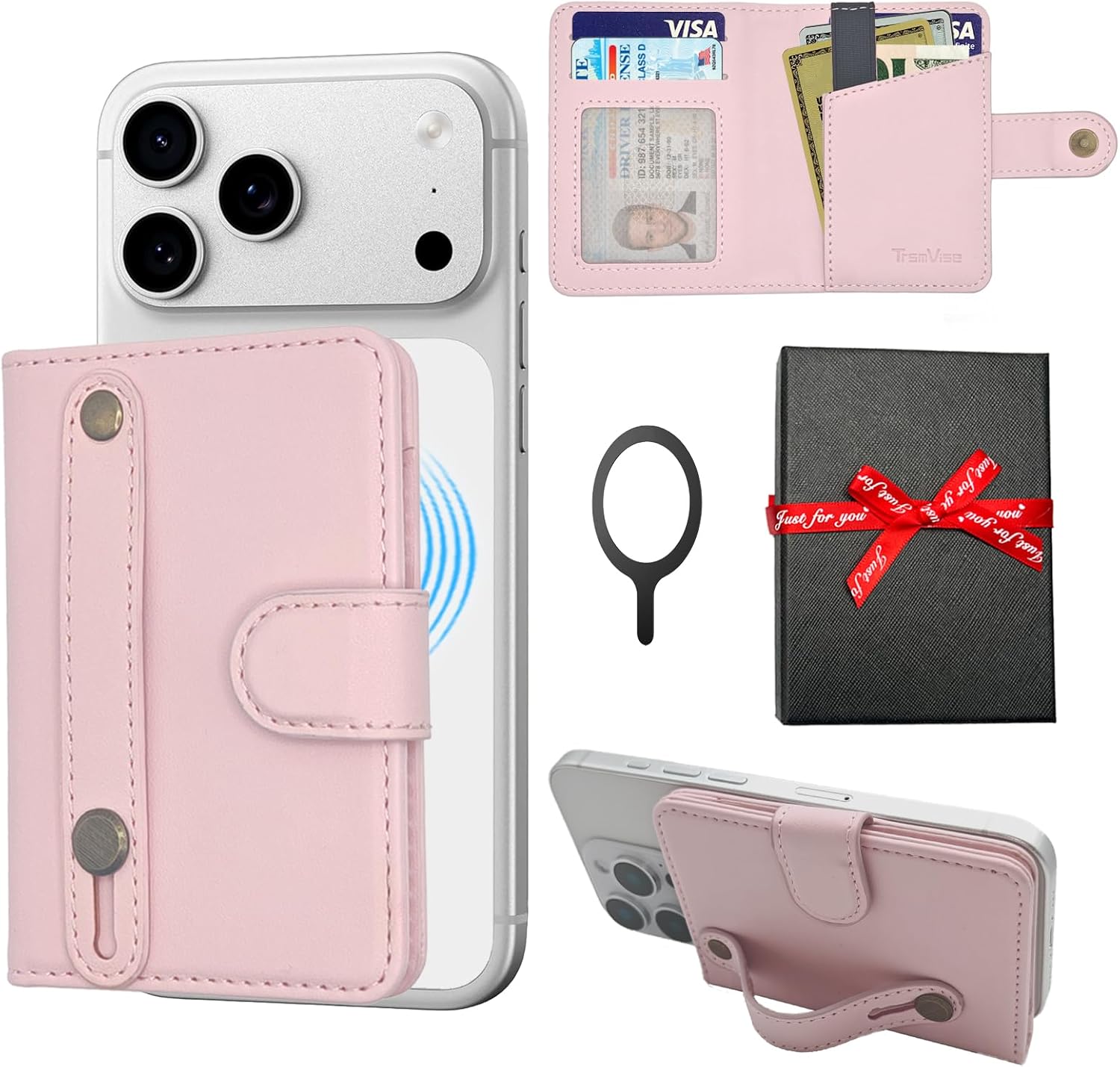 for MagSafe Card Holder for iPhone 17/16/15/14/13/ Pro/Max/Plus with Strap Stand RFID Blocking ID Window Hold 5 Cards,Leather Magnetic Phone Wallet for MagSafe Phones and Cases,Leather Pink
