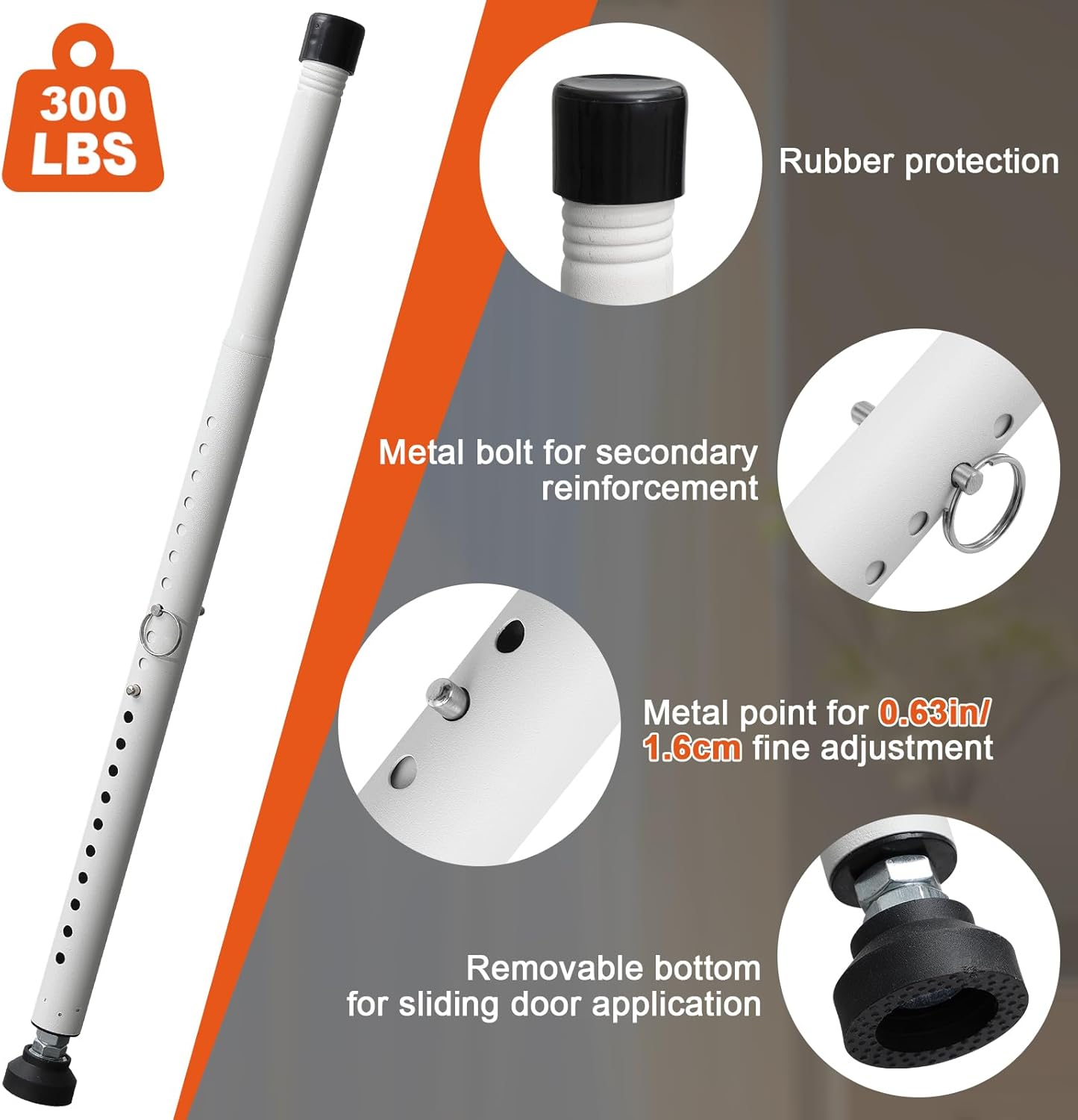 BeBecome Sliding Door Security Bar, 17–50 Inch Adjustable Patio Door Security Bar with Rubber Tips, Heavy Duty No Drill Door Stop for Apartment, Bedroom & Travel, White 2 Pack