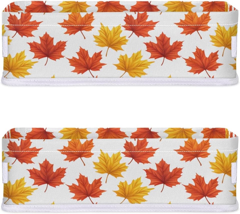 Autumn Maple Leaves Fall Pattern Bathroom Basket Foldable Toilet Tank Topper Paper Basket Waterproof Fabric Storage Organizer Bins Decorative Open Storage for Home Closet Containers Cabinet Set of 2