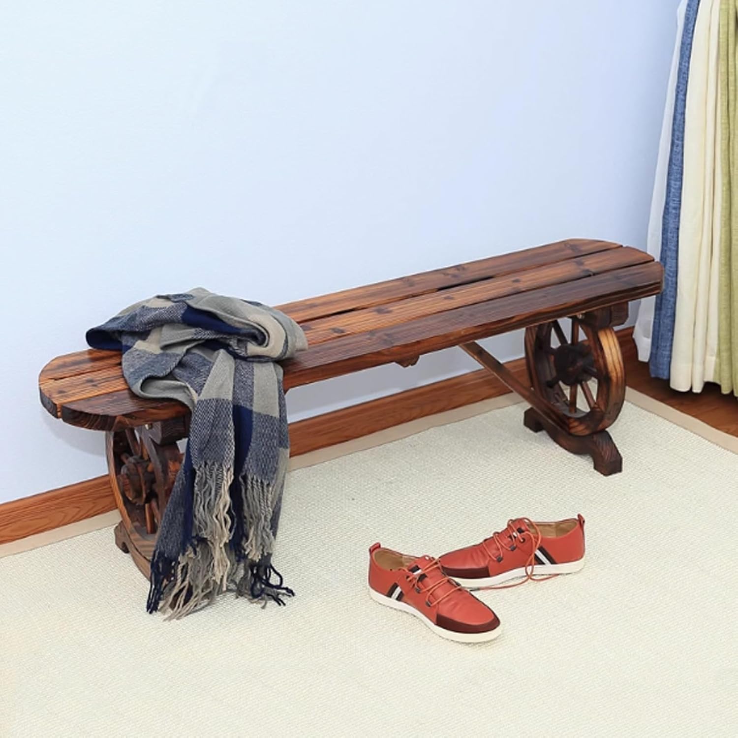 YVYKFZD Outdoor Garden Bench, Wooden Wagon Wheel Park Bench, Loveseat Patio Benches Slatted Seat, Weatherproof Leisure Chair, for Porch, Lawn, Path, Balcony(100x28x38cm/39.3"x11.0"x14.9")