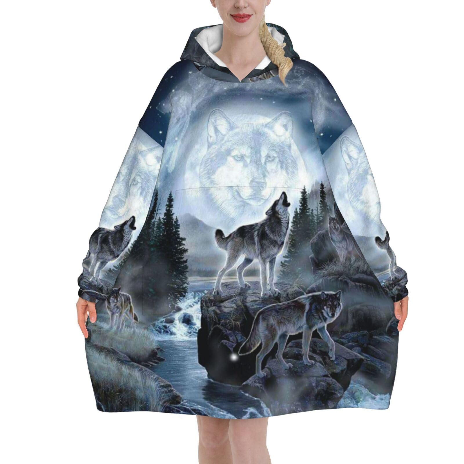 Jmorco Moon Wolf Blanket Hoodie Oversized Wearable Hooded Blanket Warm Throw Blanket Sweatshirt For Women Men Teens 320g Flannel