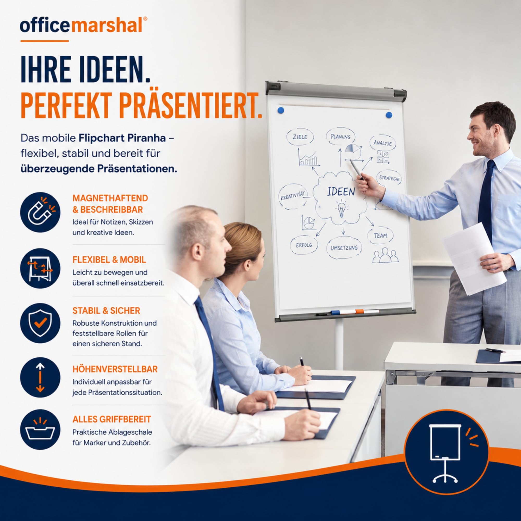 OfficeMarshal Flipchart Whiteboard mobil mit Rollenfuss Ständer 73x105cm | Höhenverstellbar bis 210cm, Beschreibbar, Trocken abwischbar, magnetisch (Piranha)