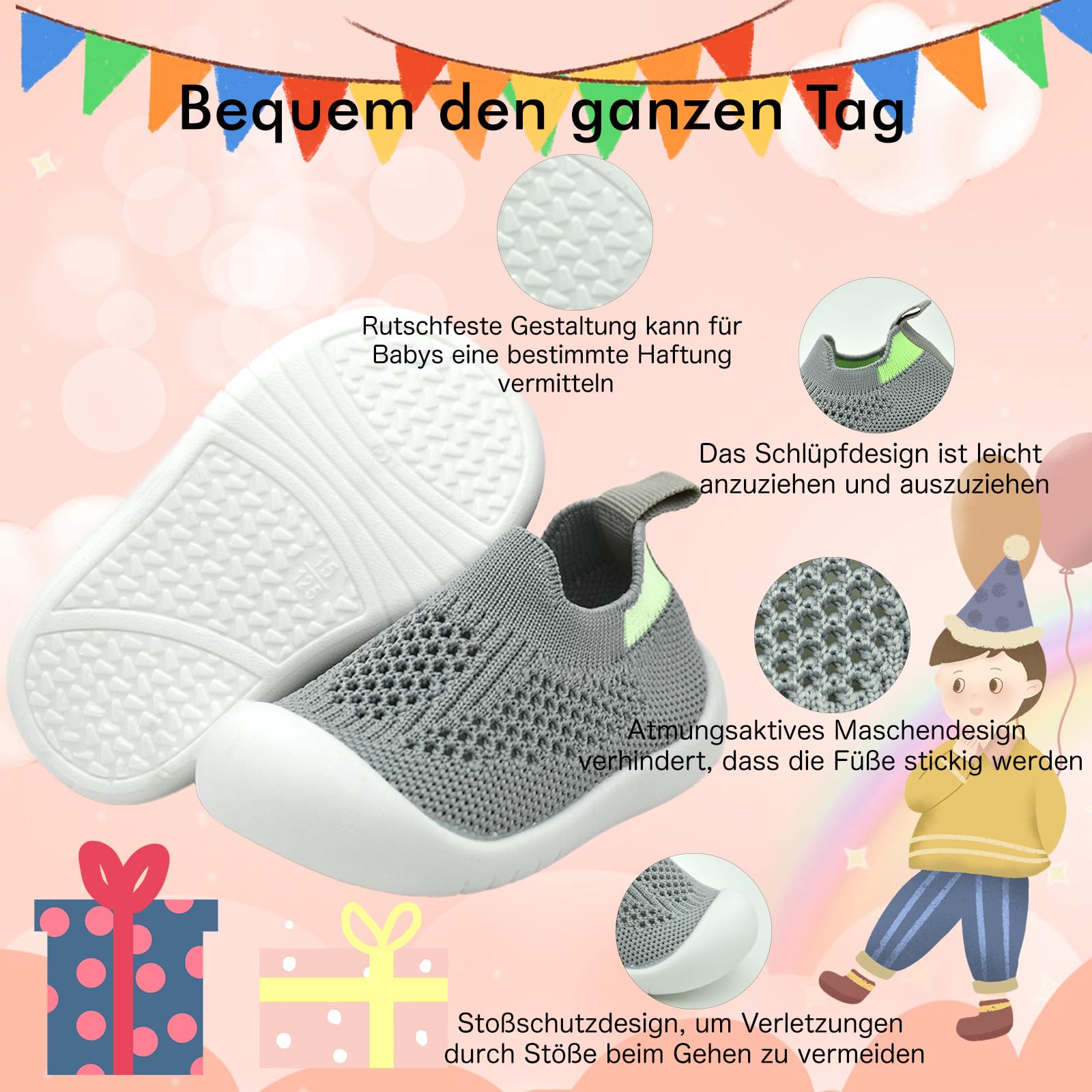 Baby Sockenschuhe Lauflernschuhe Krabbelschuhe für Mädchen Jungen (0-3 Jahren) – mit Rutschfester Gummisohle, weich gestricktem Material