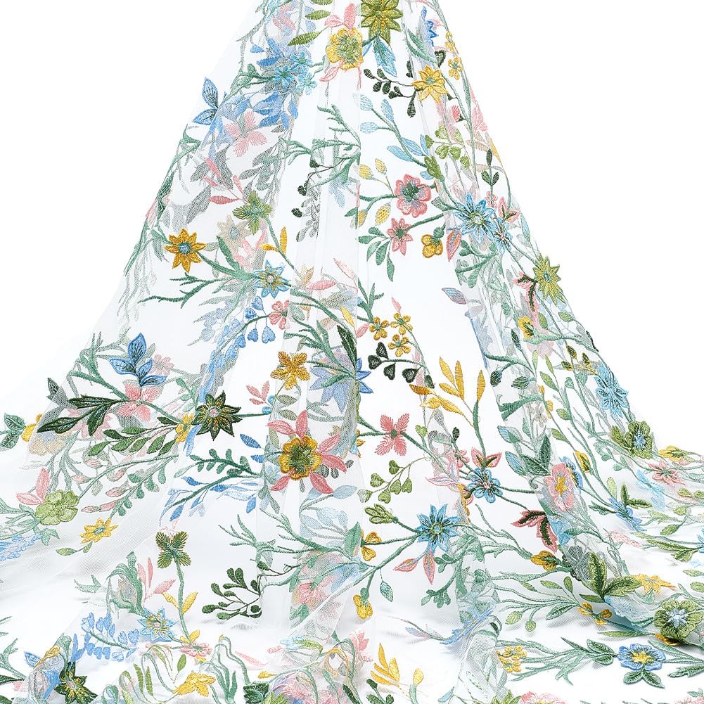 NBEADS 1 Yard Embroidered Flower Fabric, 63inch Polyester Mesh Embroidered Lace Trim Embroidery Tulle Fabric Garment Accessories for Dress Table DIY Crafts Curtain Home Vintage Decor, Sandy Brown