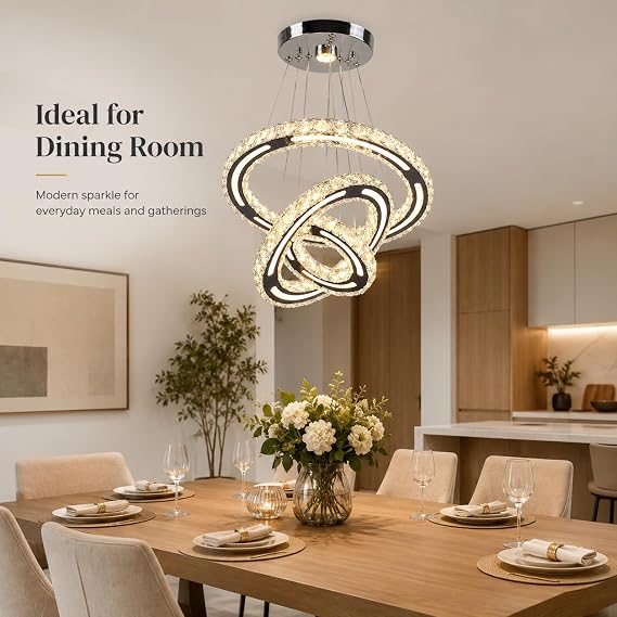 Dimmable 3 Ring Modern Crystal Chandelier LED Ceiling Light