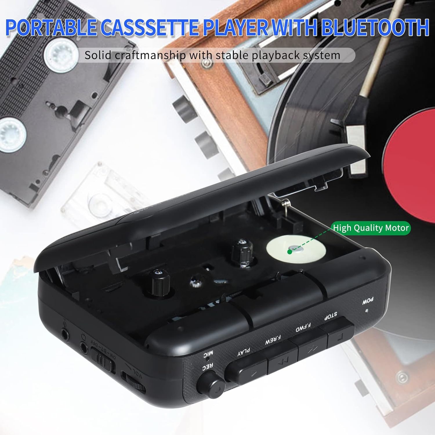 Portable Cassette Player Recorder with Bluetooth Transmitter, Small Cassette Tape Player with Headphone Jack, Build-in Speaker, Microphone Jack, Powered by AC Adapter or AA Battery- Black