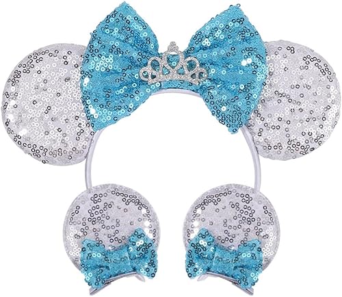 DecoLife Diadema de lazo con orejas de ratón, diadema de orejas de Minnie y lentejuelas con 2 pinzas para el pelo, decoración de fiesta de princesa