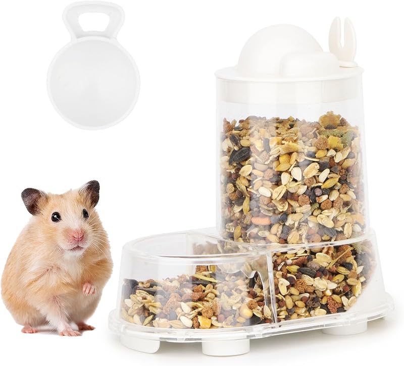 Wontee Hamster Feeder Food Bowl Automatic Dispenser for Gerbils Rats Mice | Large capacity saves daily refills, clear bowl for quick food check, stable anti-tip base, includes scoop, for small pets