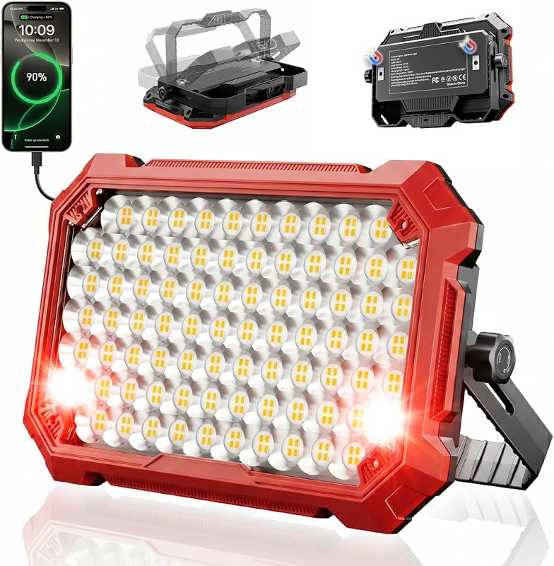 Luz de inundación magnética recargable de 13000mAh, luz de trabajo portátil LED de 10000LM | Linterna para corte de energía, soporte giratorio de 180°, 4 modos, resistente al agua IP65, atenuación continua,camping de emergencia en interiores al aire libre